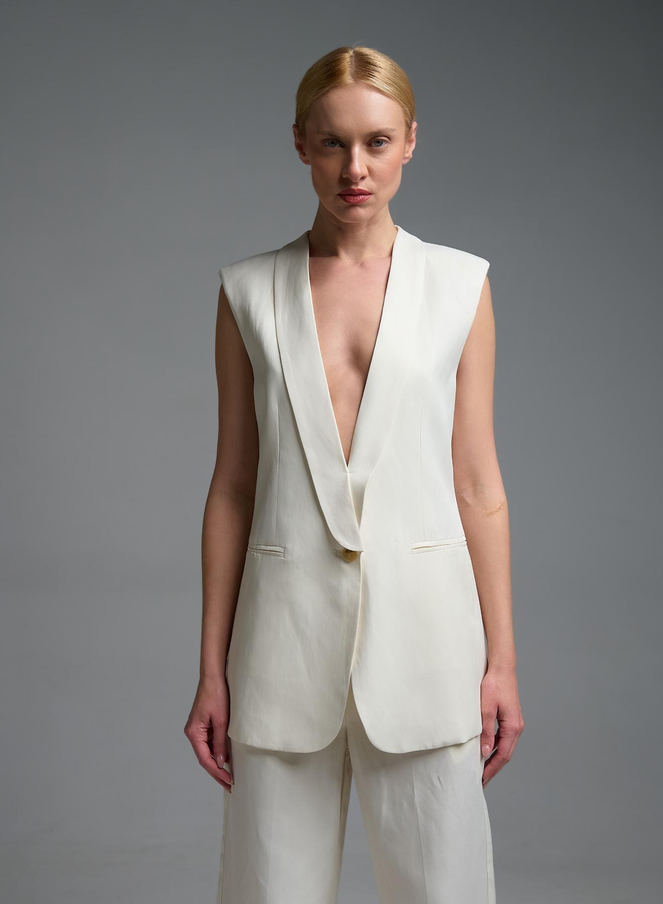 Εκρού μακρύ Γιλέκο με γιακά και με ένα κουμπί Vicolo - 4