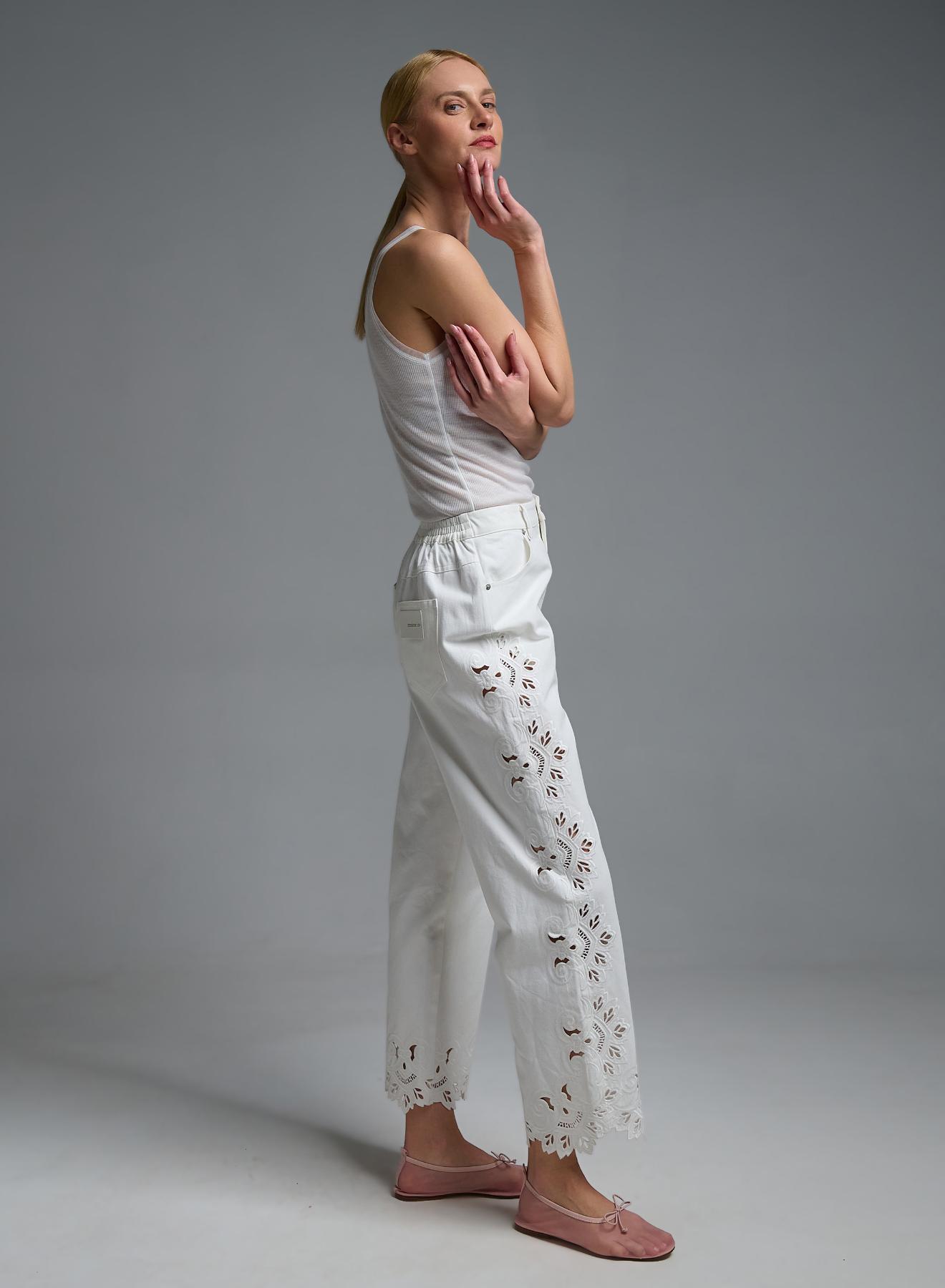 White Jeans with embroidery cut and with rear elasticated waistband Tensione In - 5