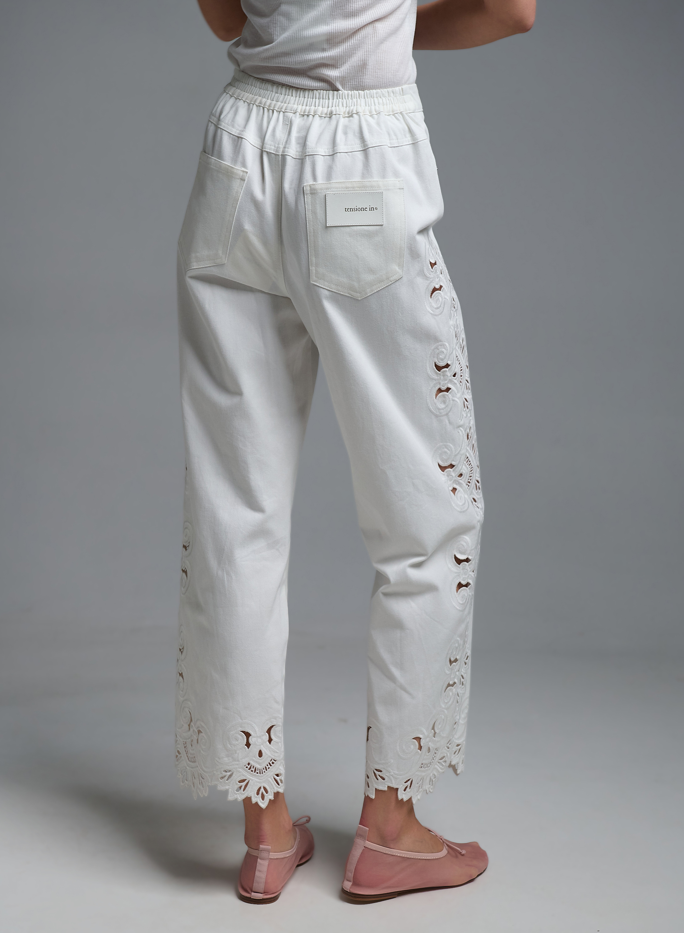 White Jeans with embroidery cut and with rear elasticated waistband Tensione In - 5
