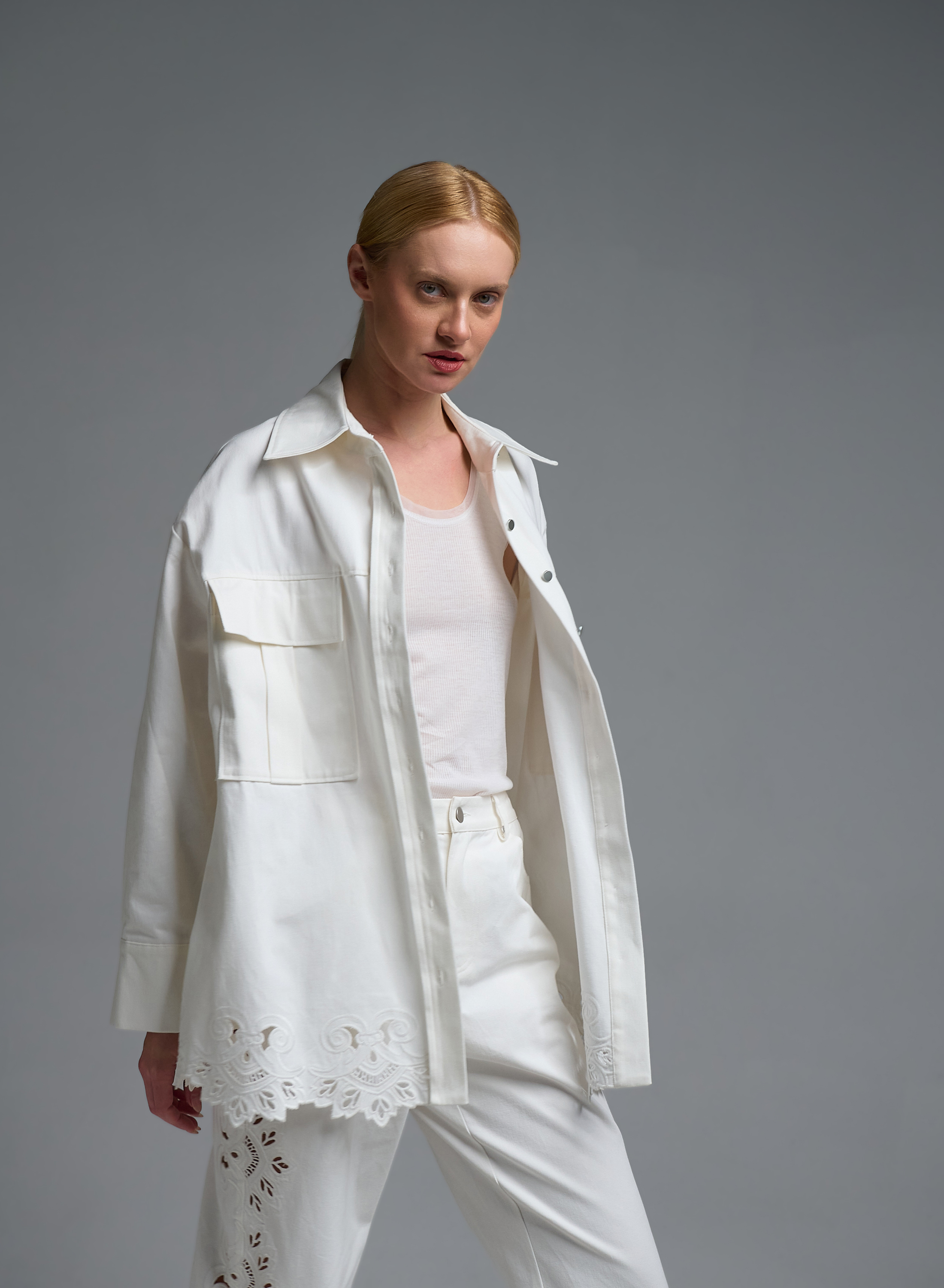 White Denim Jacket with embroidery cut Tensione In - 1