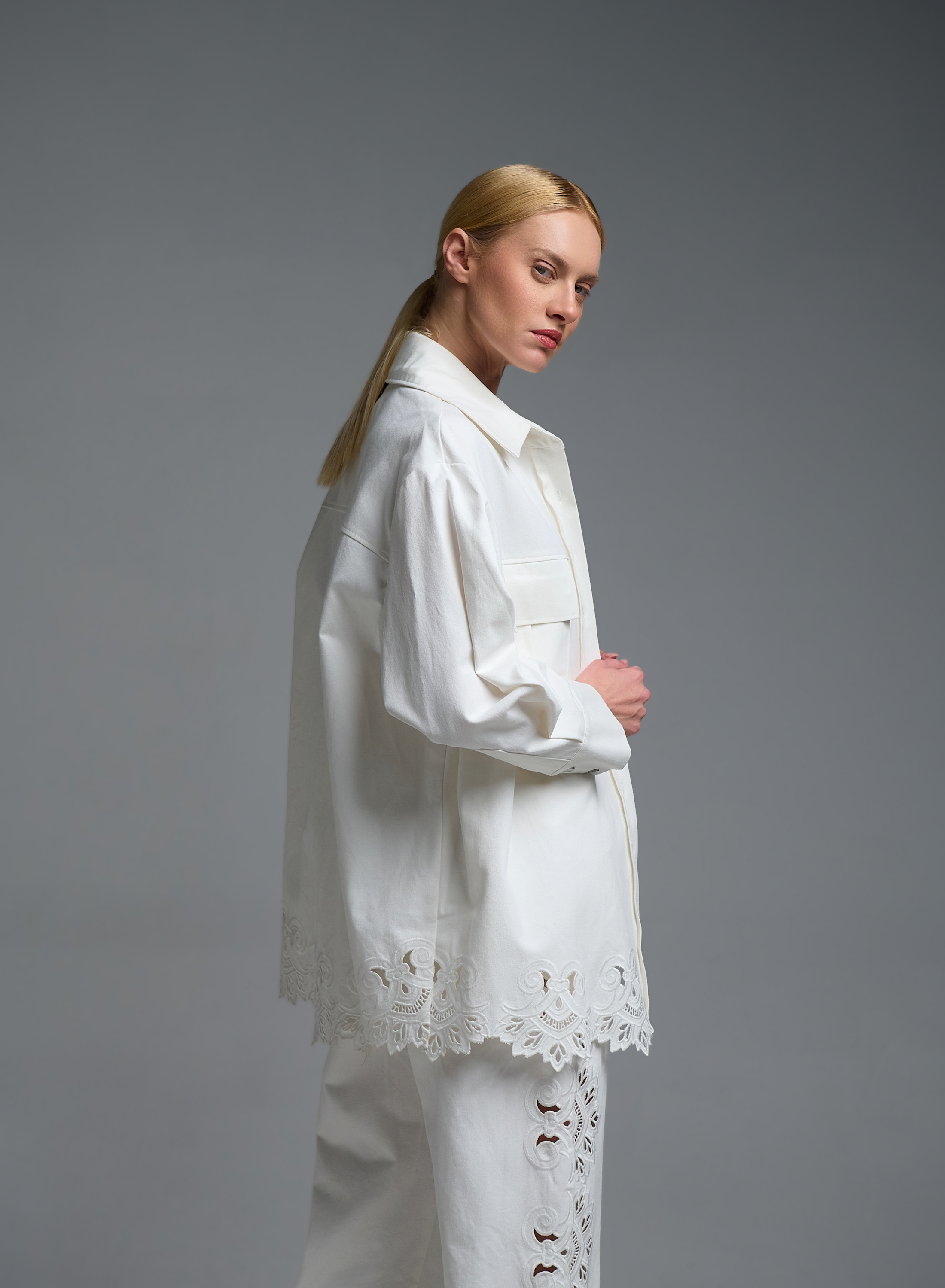 White Denim Jacket with embroidery cut Tensione In - 7