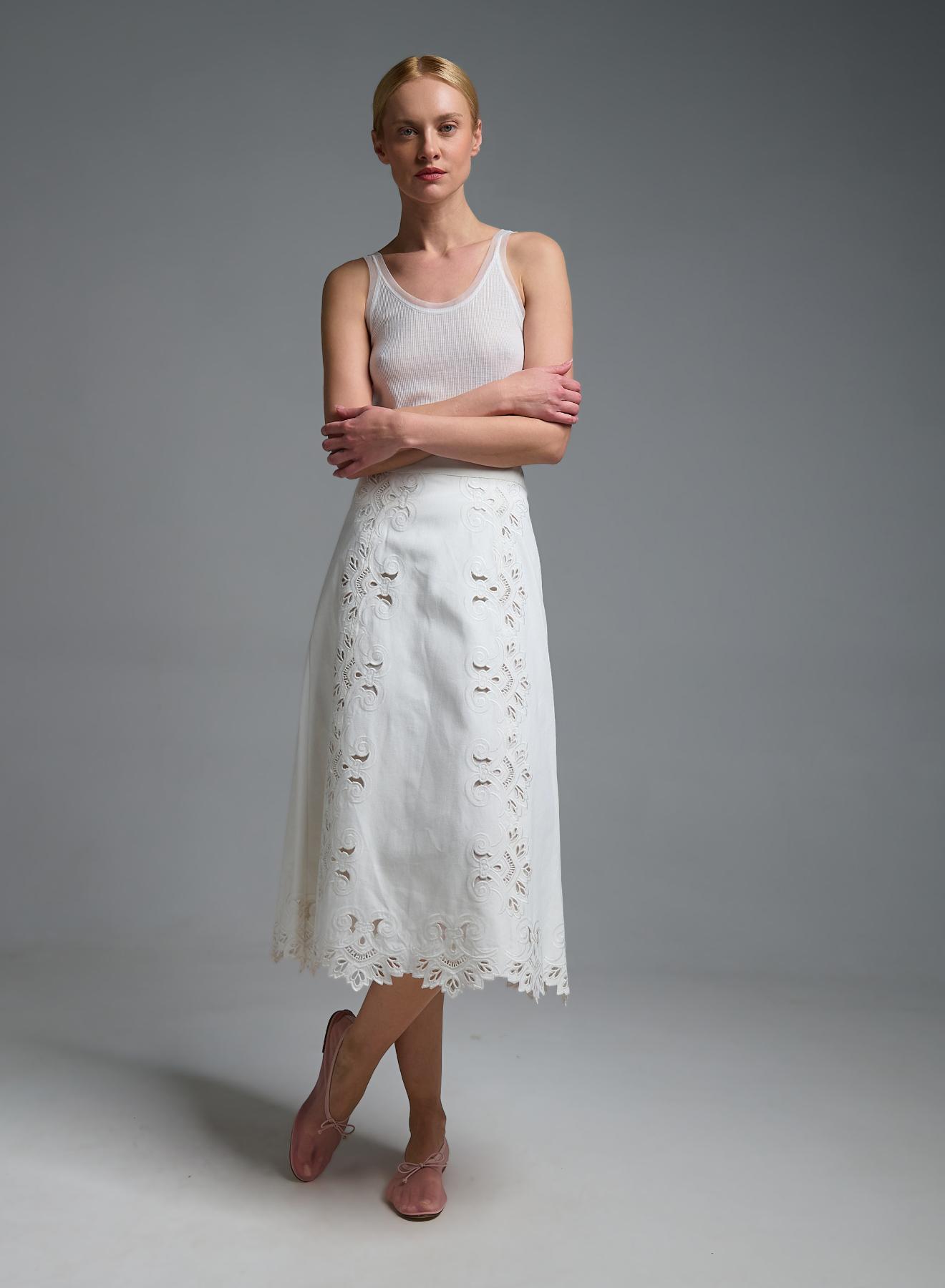 White Denim Skirt with embroidery cut Tensione In - 1