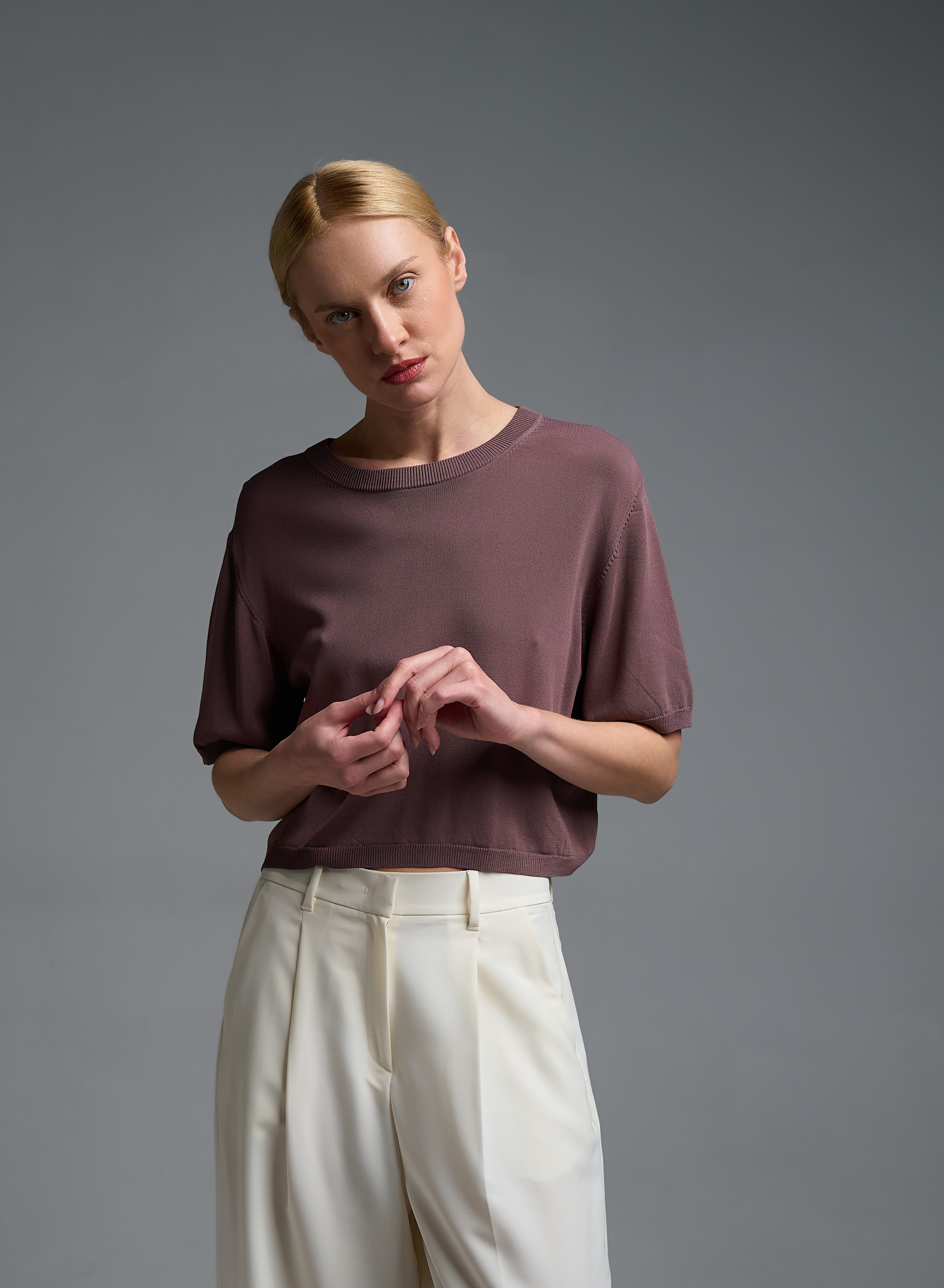 Κακάο πλεκτή Μπλούζα με κοντά μανίκια Valentina Milano - 5