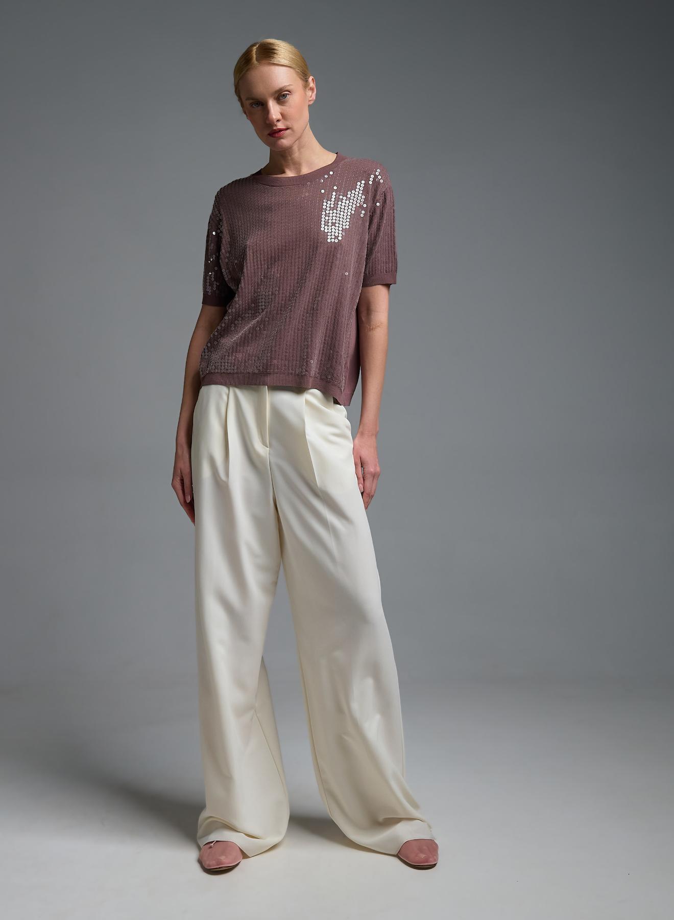 Κακάο πλεκτή Μπλούζα με κοντά μανίκια και με παγιέτες Valentina Milano - 2