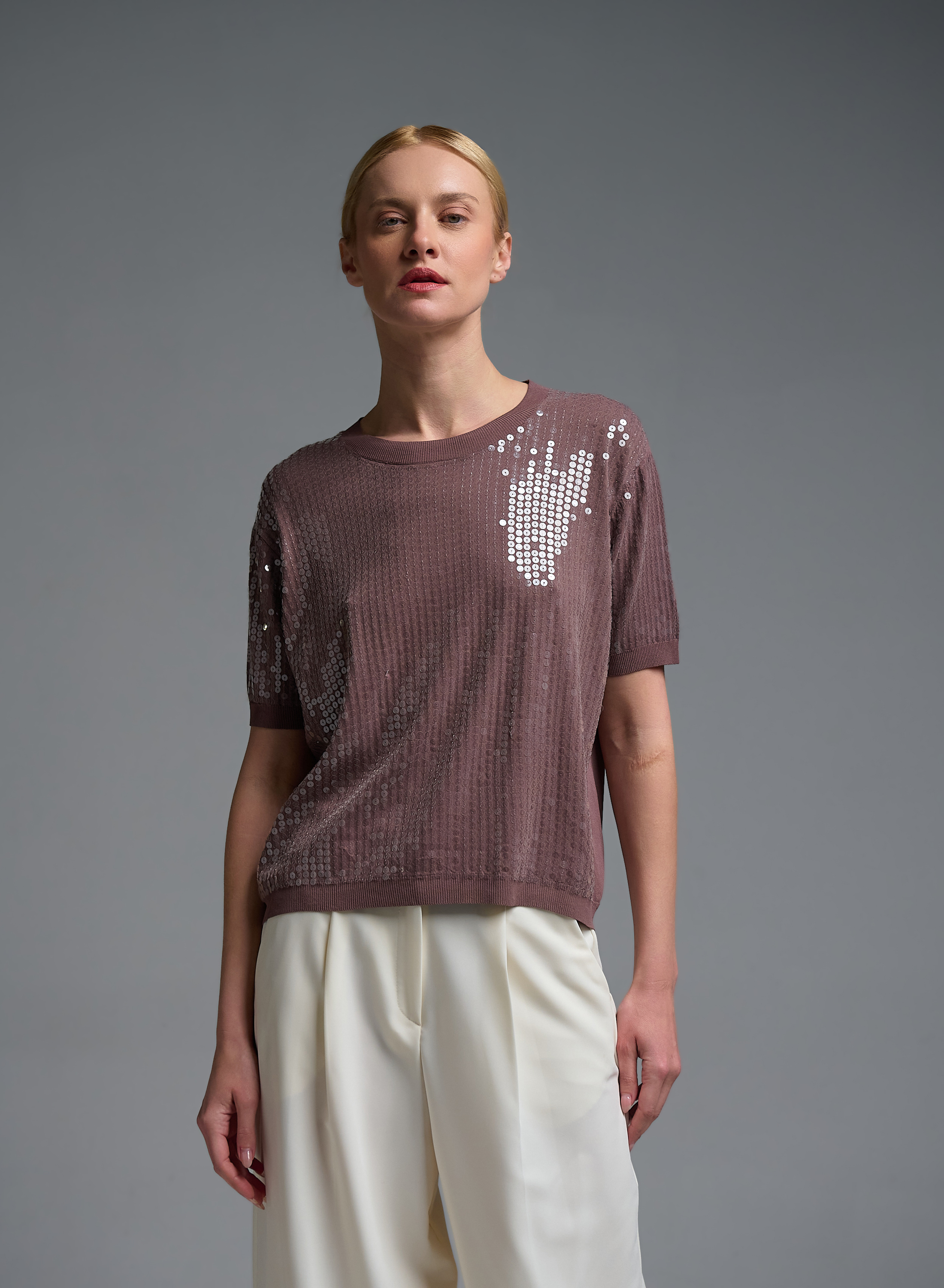 Κακάο πλεκτή Μπλούζα με κοντά μανίκια και με παγιέτες Valentina Milano - 0