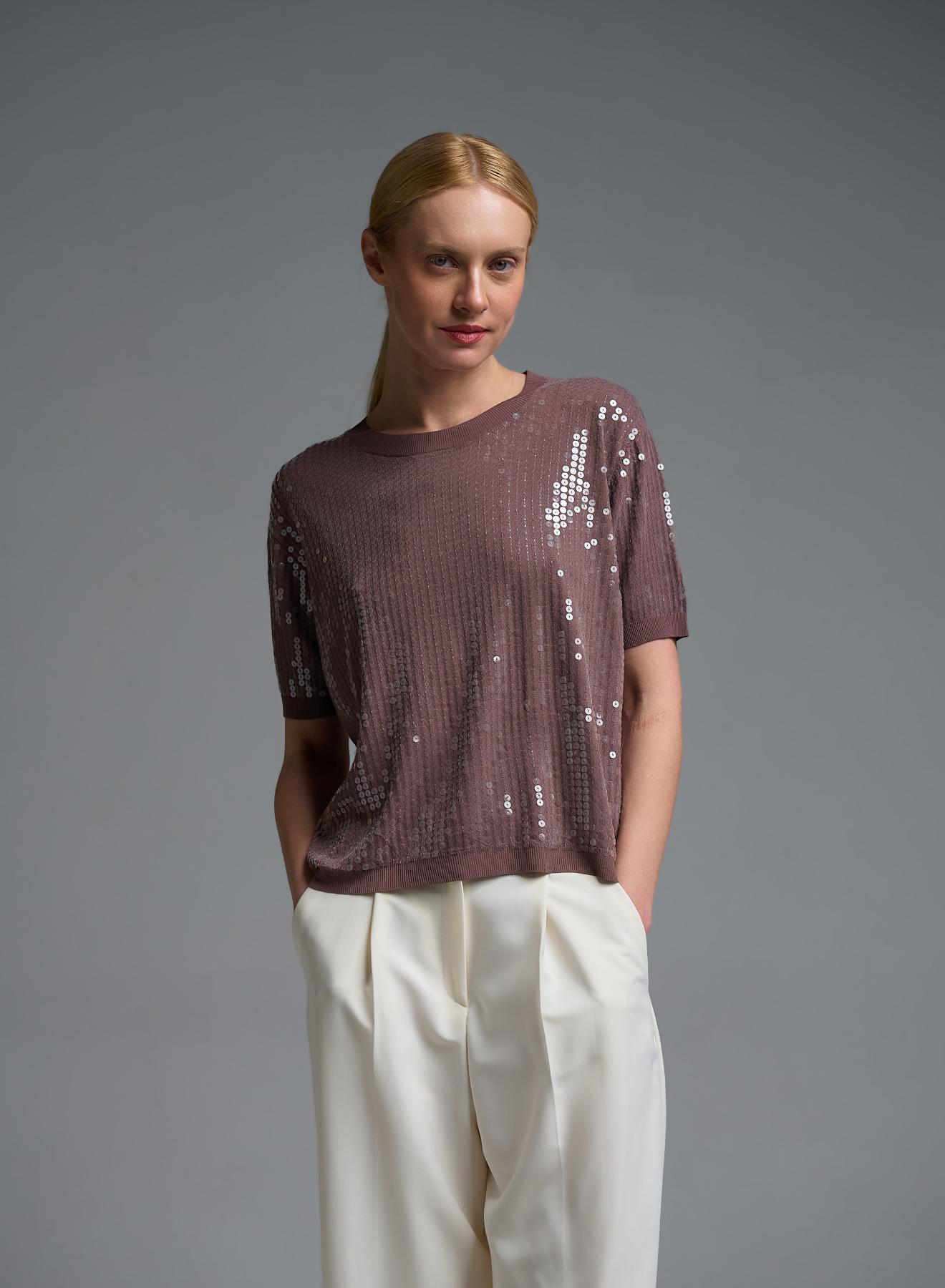Κακάο πλεκτή Μπλούζα με κοντά μανίκια και με παγιέτες Valentina Milano - 3