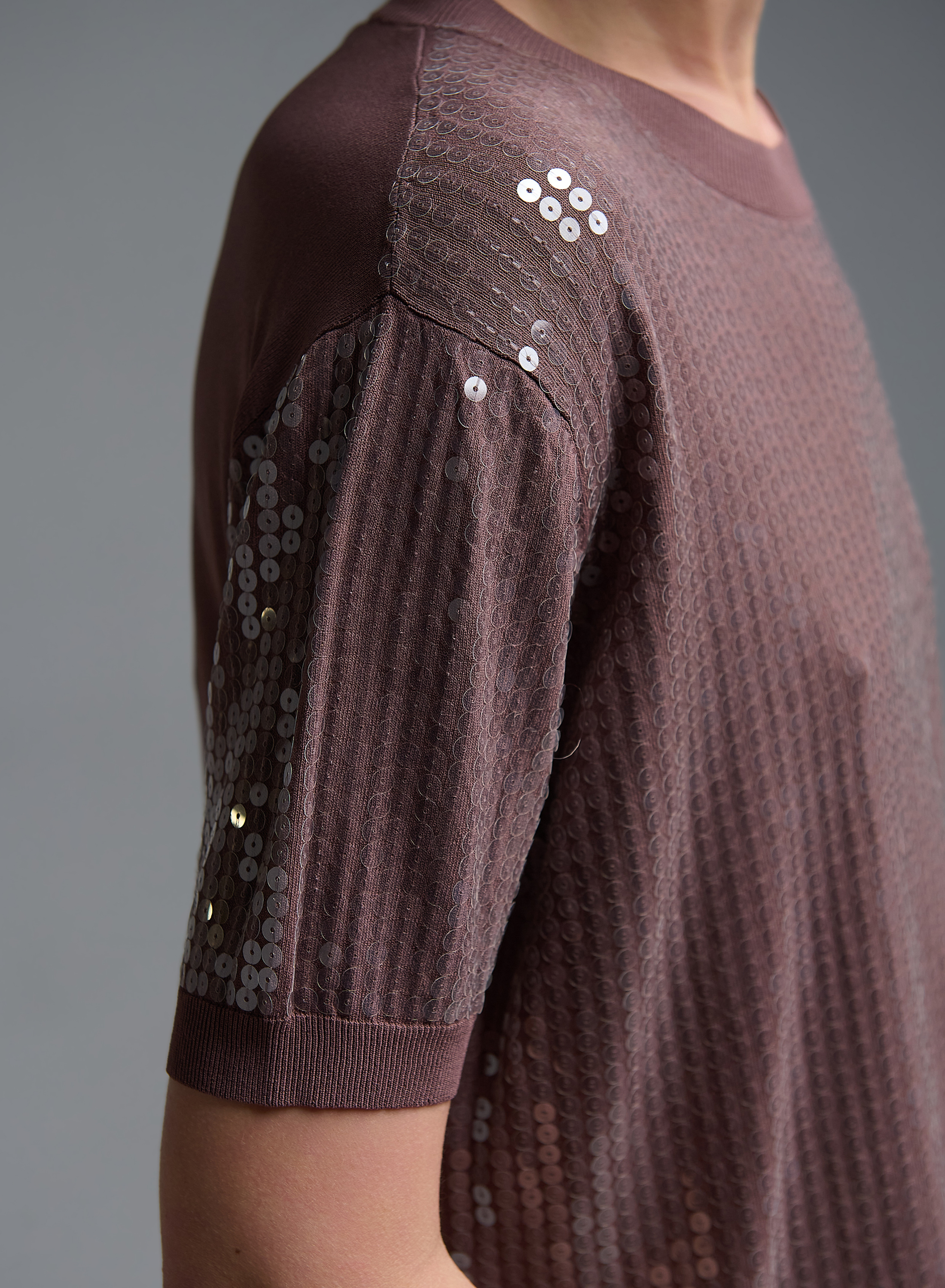 Κακάο πλεκτή Μπλούζα με κοντά μανίκια και με παγιέτες Valentina Milano - 3