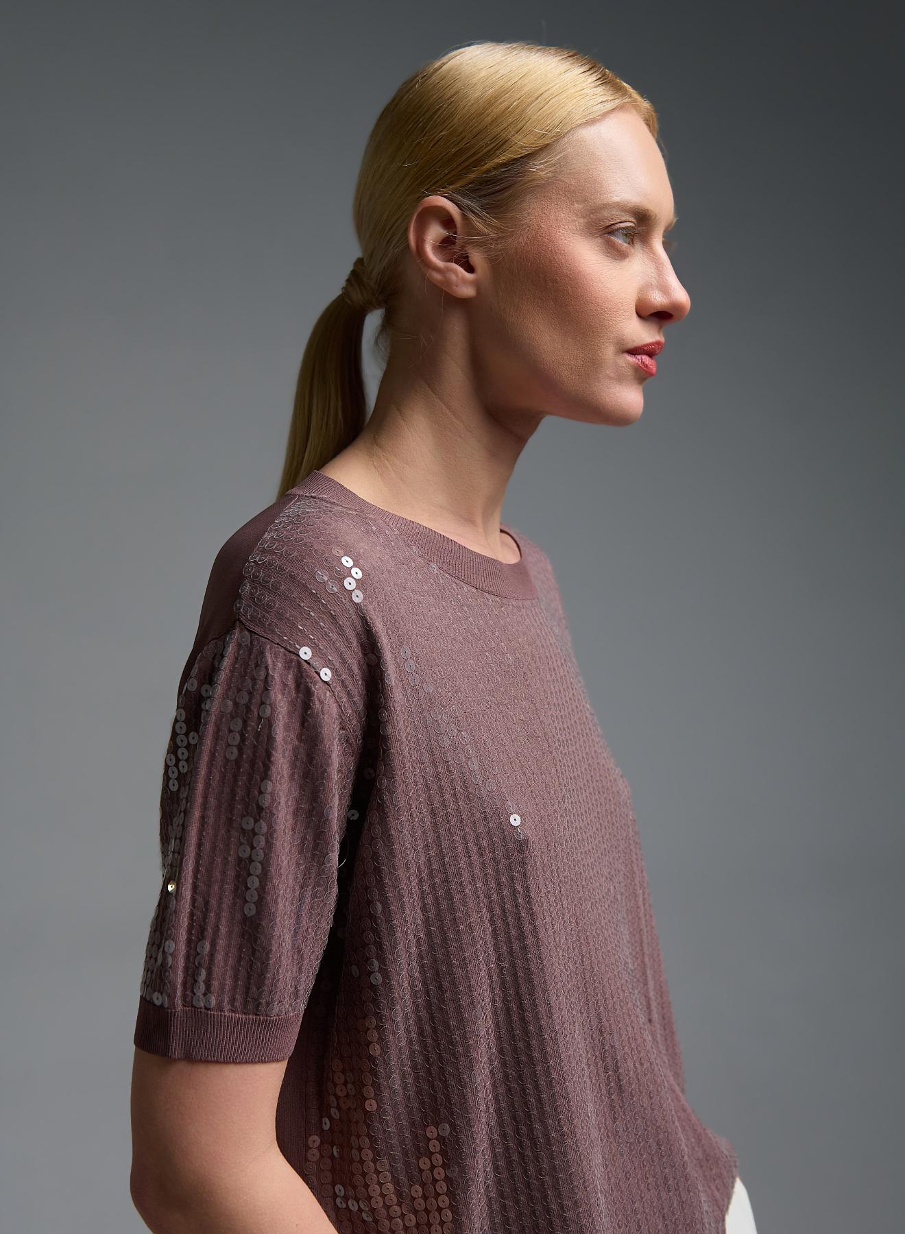 Κακάο πλεκτή Μπλούζα με κοντά μανίκια και με παγιέτες Valentina Milano - 5