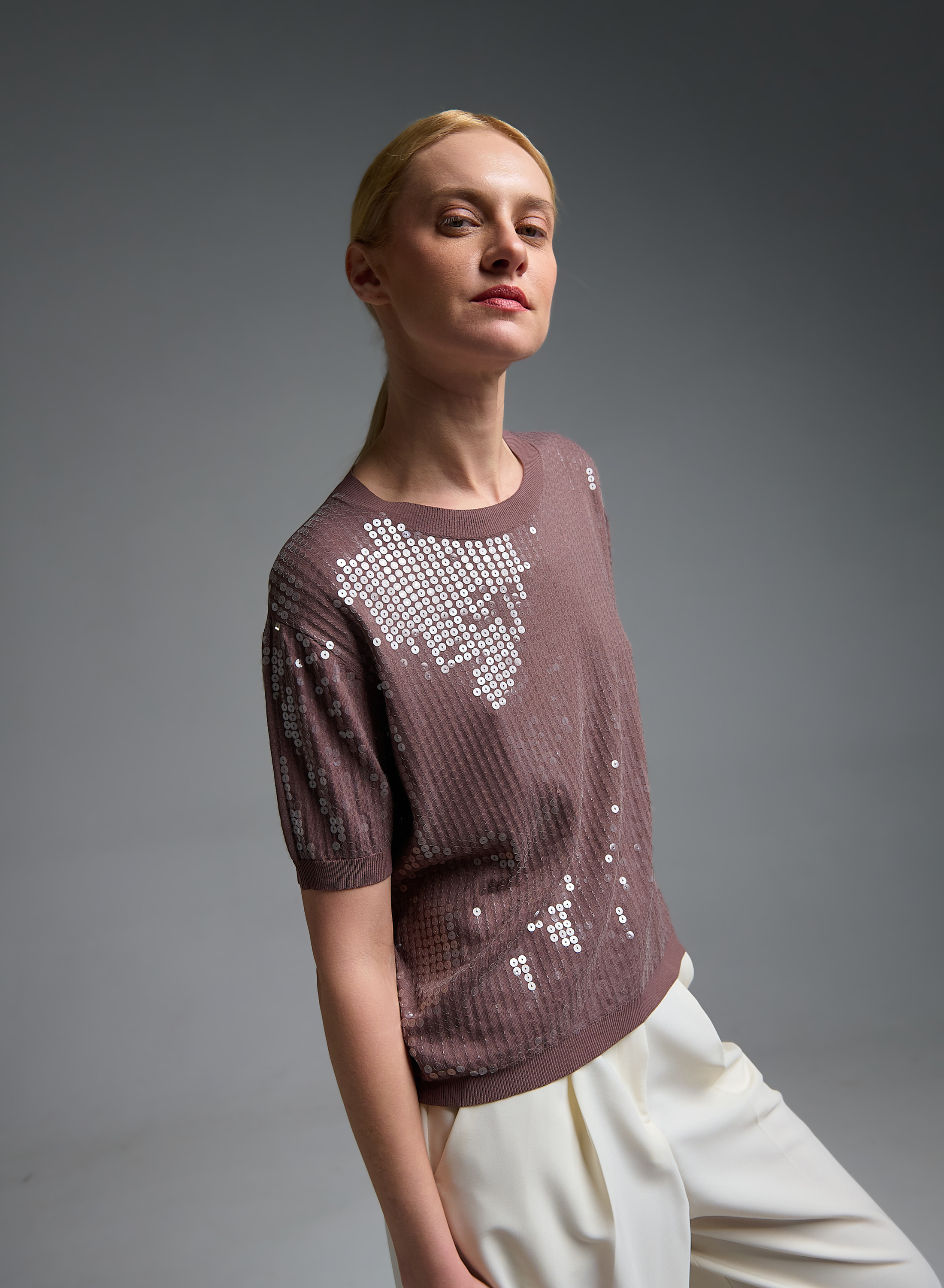 Κακάο πλεκτή Μπλούζα με κοντά μανίκια και με παγιέτες Valentina Milano - 6