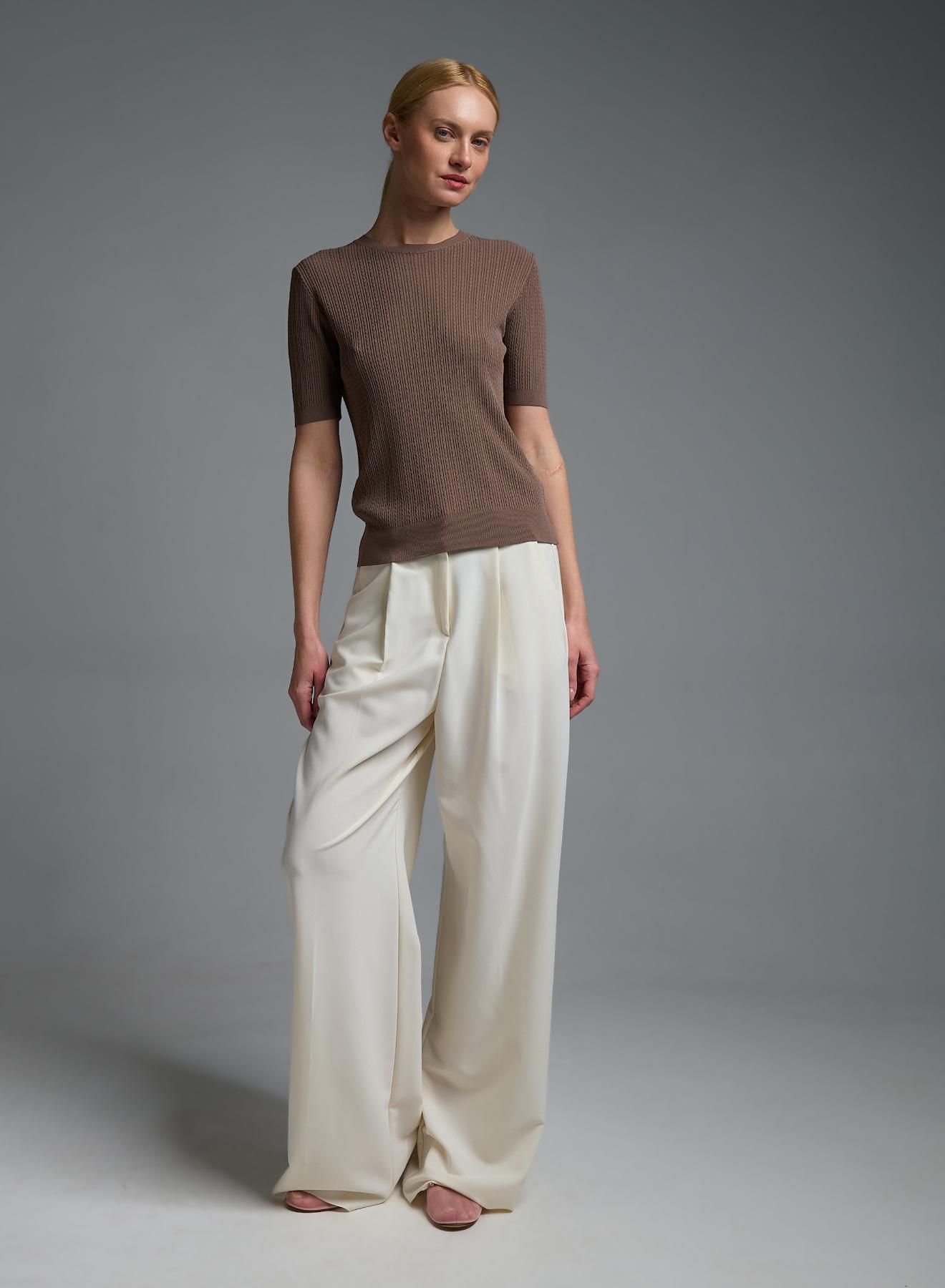 Κακάο πλεκτή Μπλούζα με κοντά μανίκια και με ανάγλυφα σχέδια Valentina Milano - 1