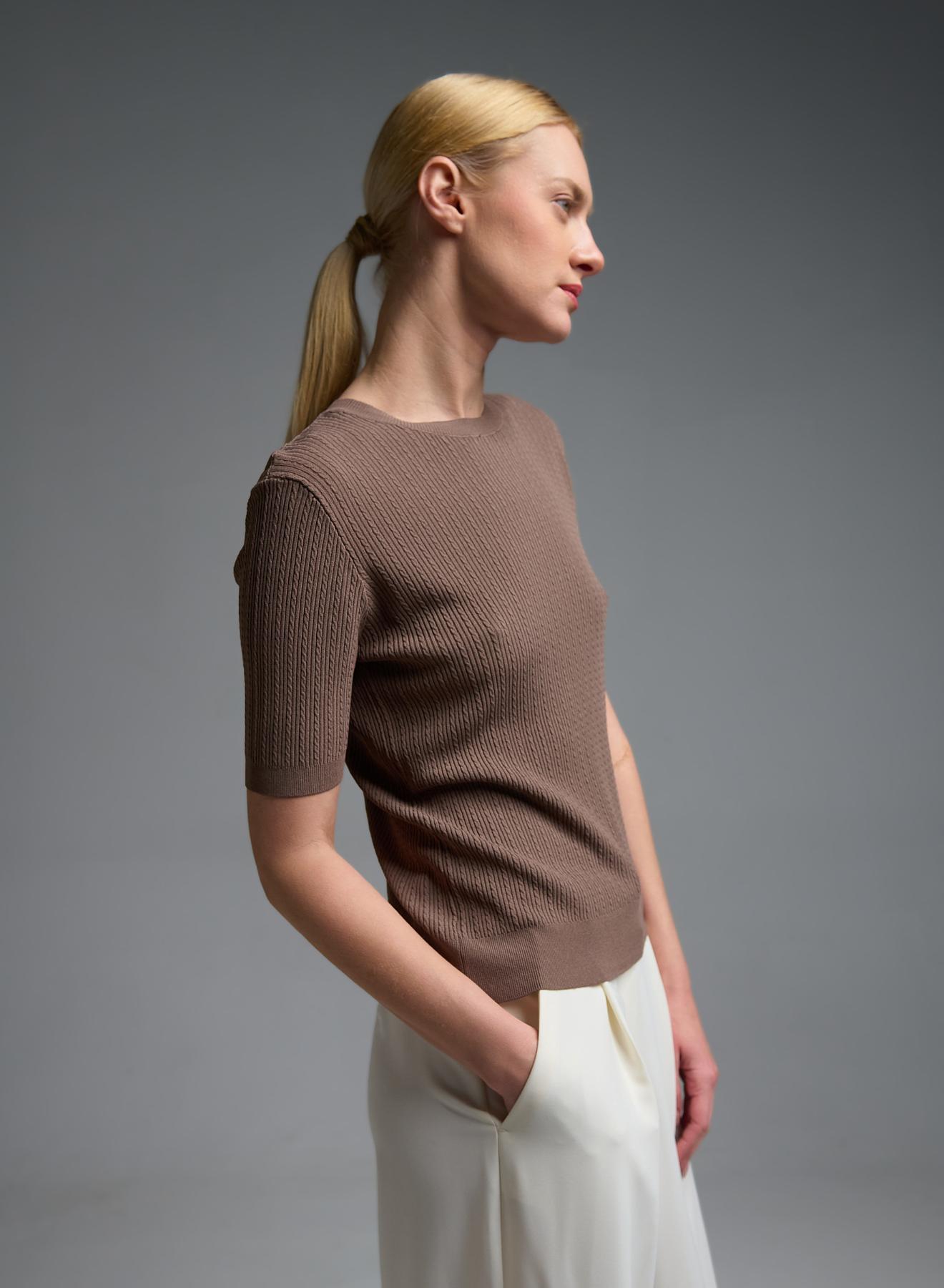 Κακάο πλεκτή Μπλούζα με κοντά μανίκια και με ανάγλυφα σχέδια Valentina Milano - 4