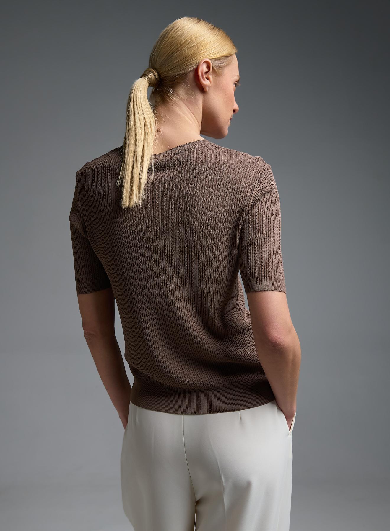 Κακάο πλεκτή Μπλούζα με κοντά μανίκια και με ανάγλυφα σχέδια Valentina Milano - 5