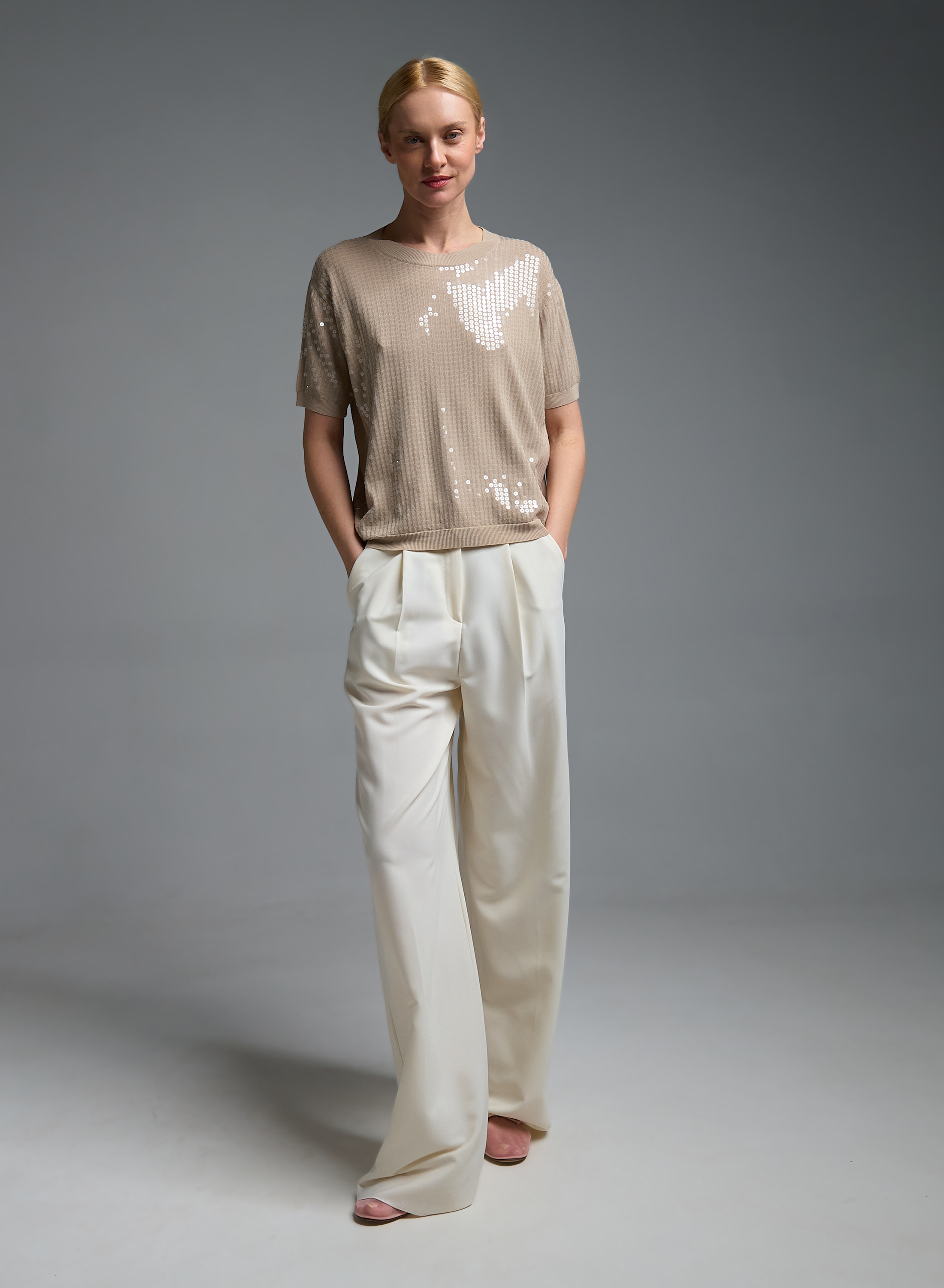 Μπεζ πλεκτή Μπλούζα με κοντά μανίκια και με παγιέτες Valentina Milano - 3