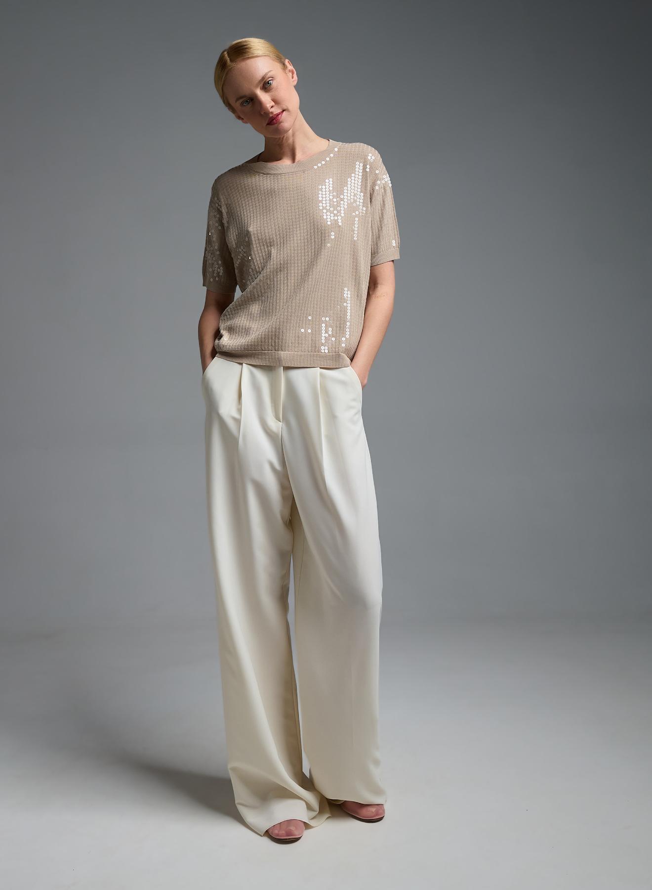 Μπεζ πλεκτή Μπλούζα με κοντά μανίκια και με παγιέτες Valentina Milano - 2