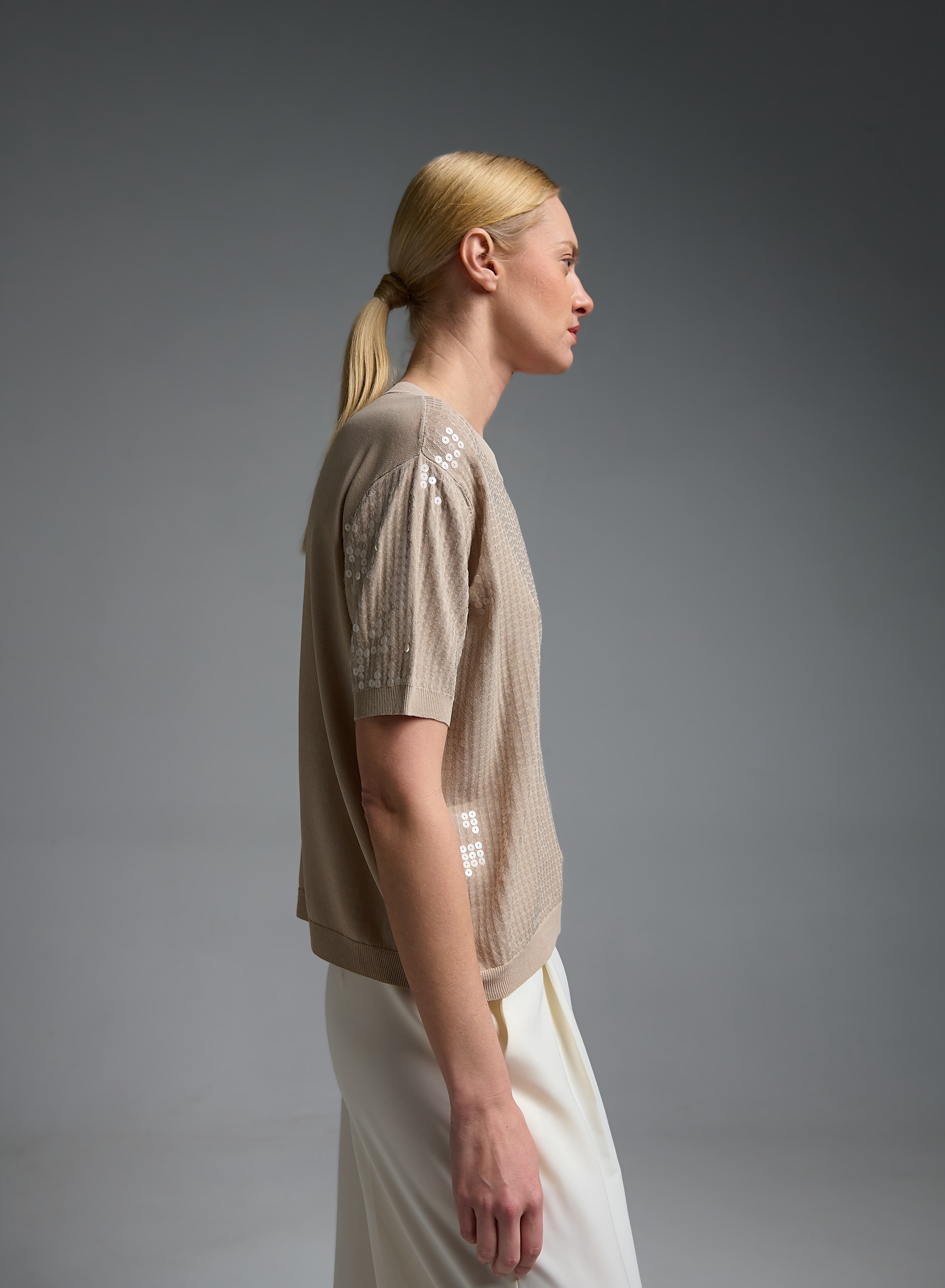 Μπεζ πλεκτή Μπλούζα με κοντά μανίκια και με παγιέτες Valentina Milano - 6