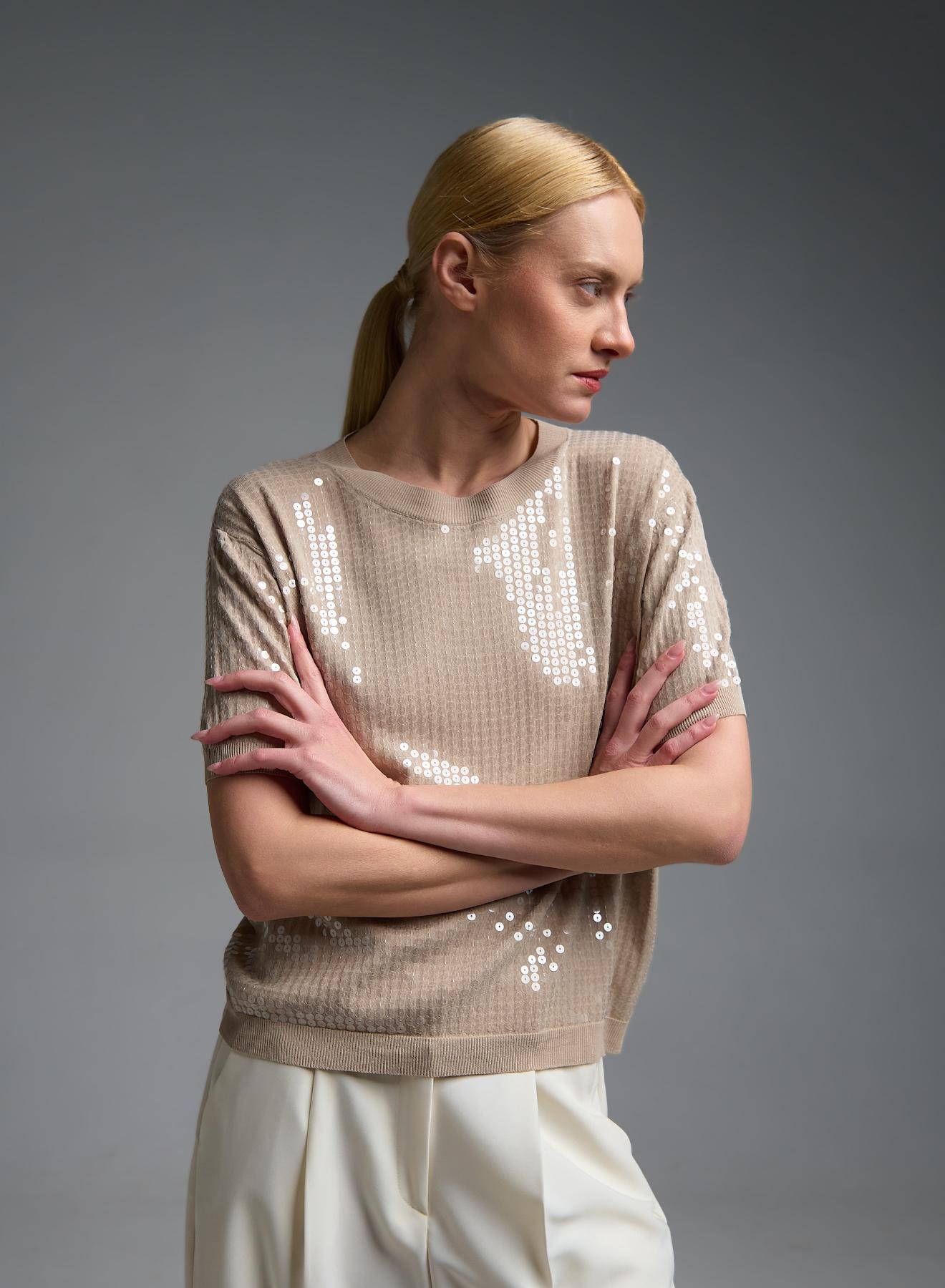 Μπεζ πλεκτή Μπλούζα με κοντά μανίκια και με παγιέτες Valentina Milano - 3