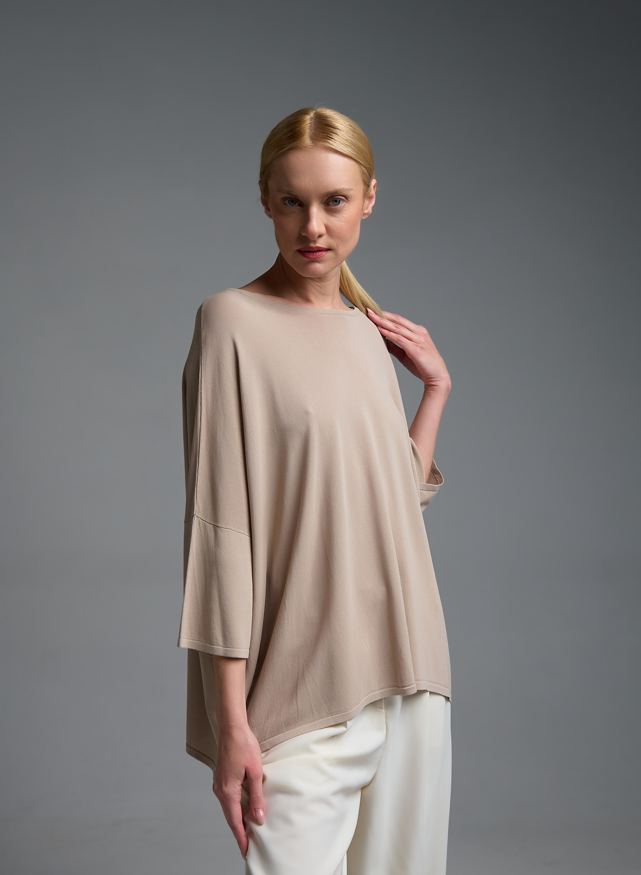 Taupe loose fit Knitted Blouse with three quarters sleeves Valentina Milano - 1