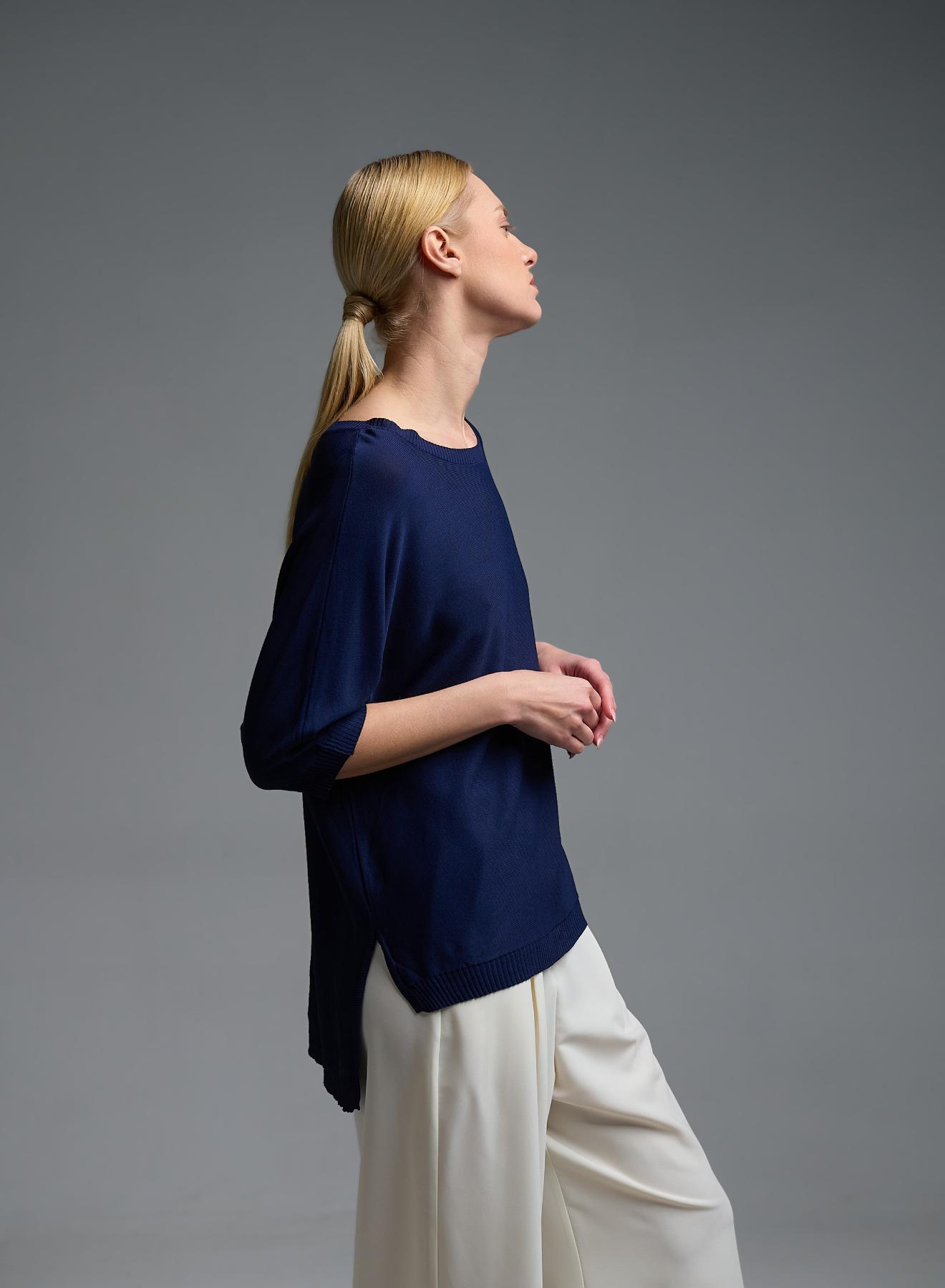 Μπλε πλεκτή Μπλούζα με ανοίγματα στο πλάι και με κοντά μανίκια Valentina Milano - 3