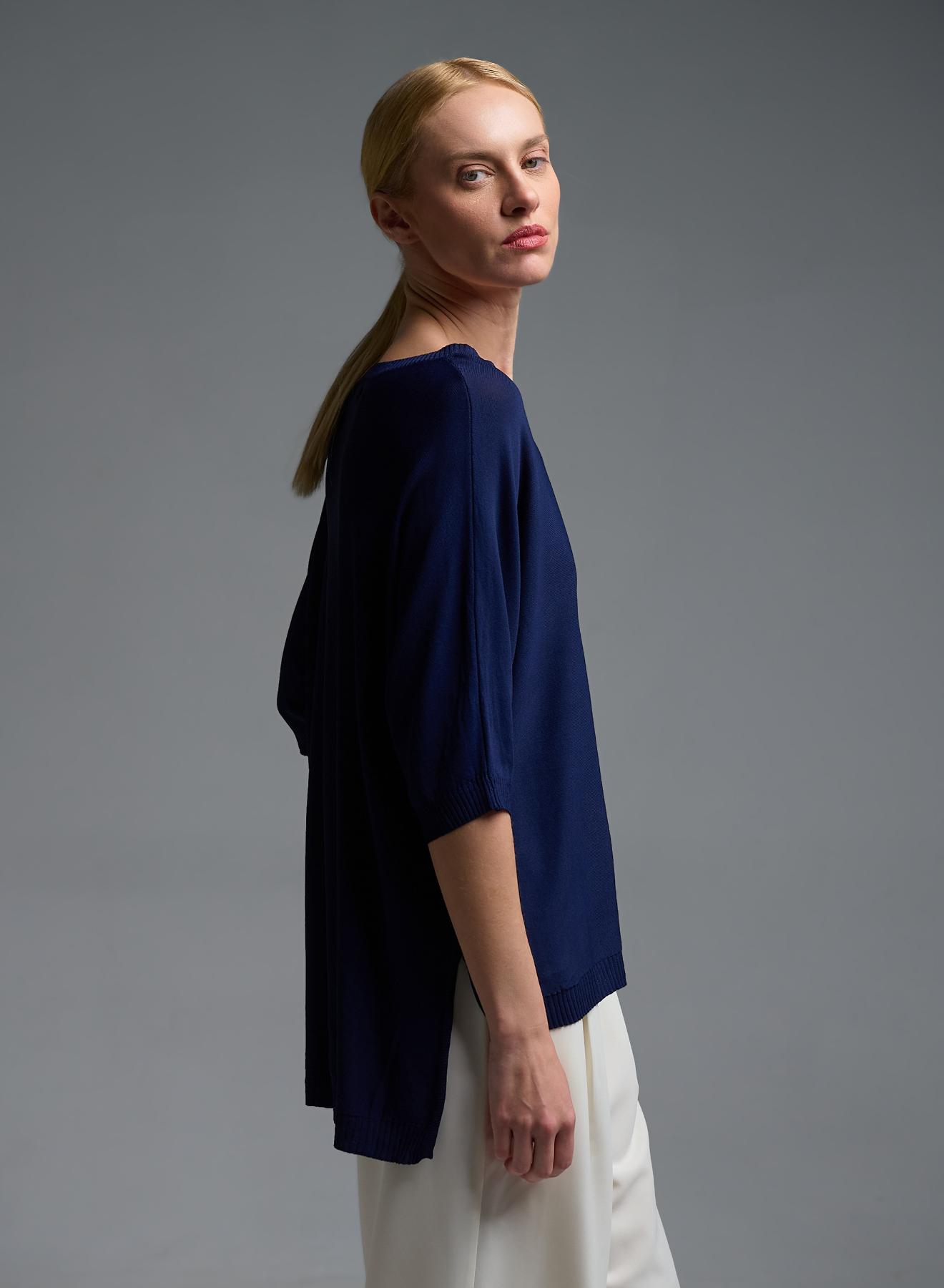 Μπλε πλεκτή Μπλούζα με ανοίγματα στο πλάι και με κοντά μανίκια Valentina Milano - 4