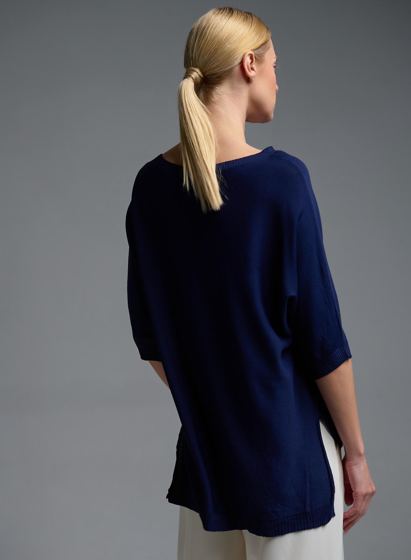 Μπλε πλεκτή Μπλούζα με ανοίγματα στο πλάι και με κοντά μανίκια Valentina Milano - 5