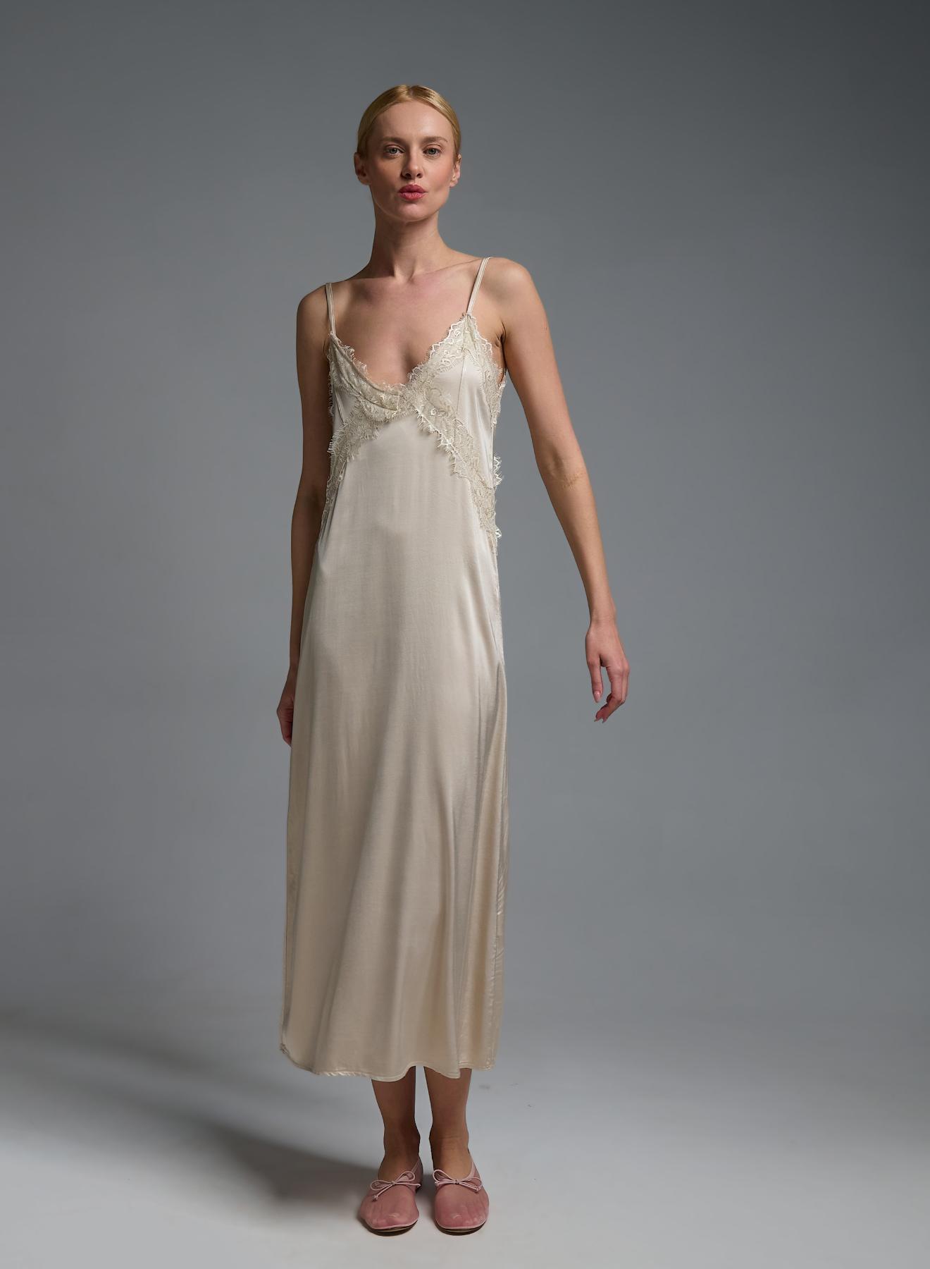 Ecru silky touch Dress with straps and with lace details Valentina Milano - 3