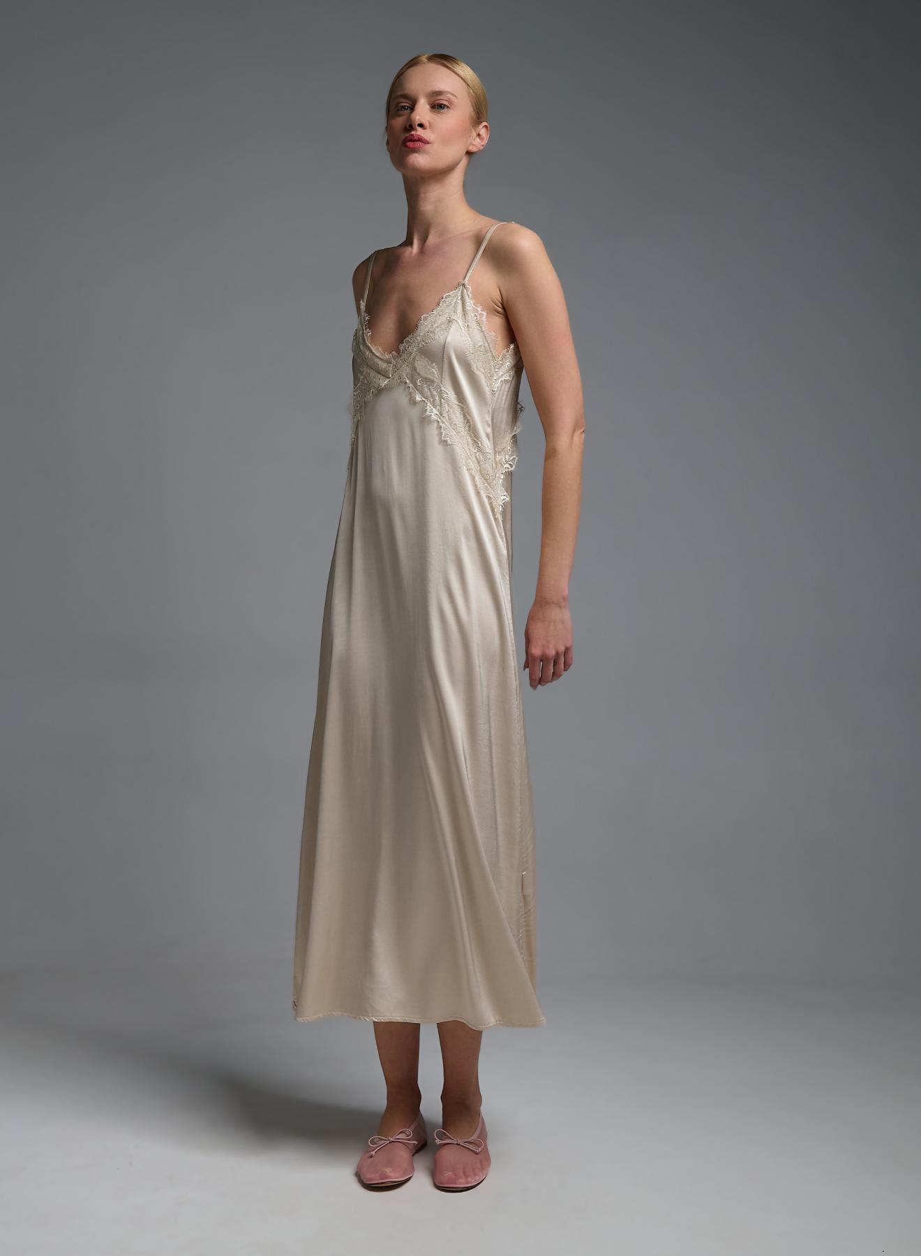 Ecru silky touch Dress with straps and with lace details Valentina Milano - 4