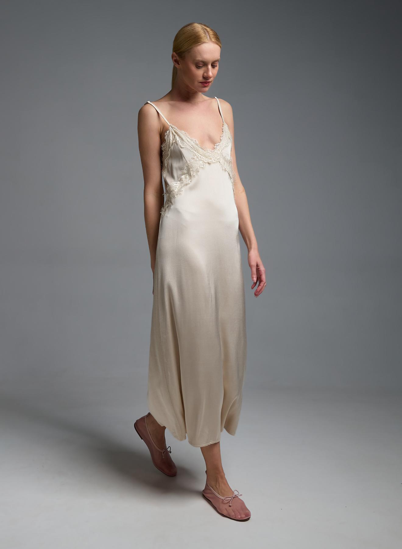 Ecru silky touch Dress with straps and with lace details Valentina Milano - 2