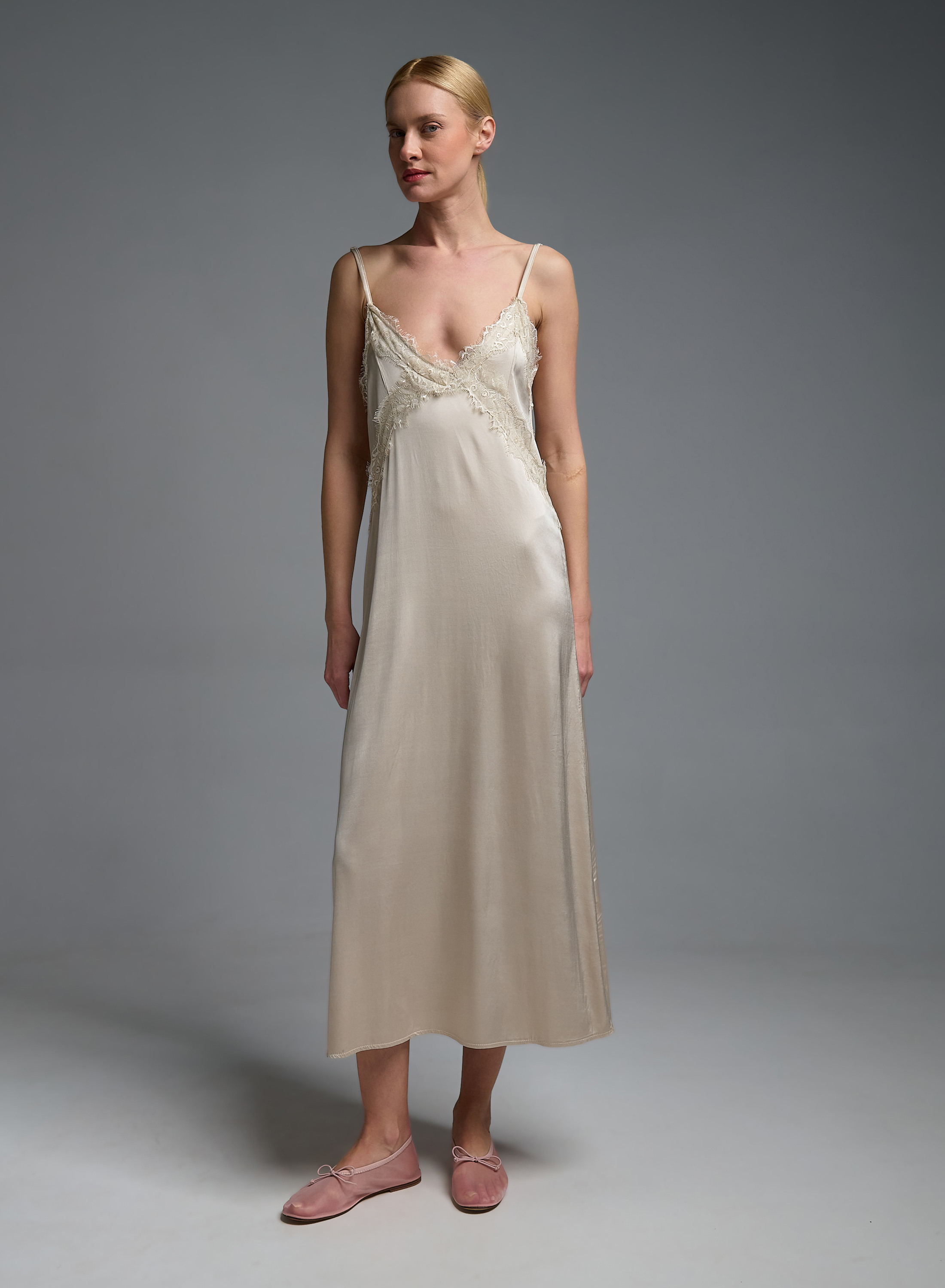 Ecru silky touch Dress with straps and with lace details Valentina Milano - 0