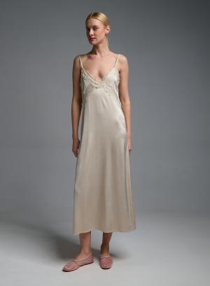 Ecru silky touch Dress with straps and with lace details Valentina Milano - 58989