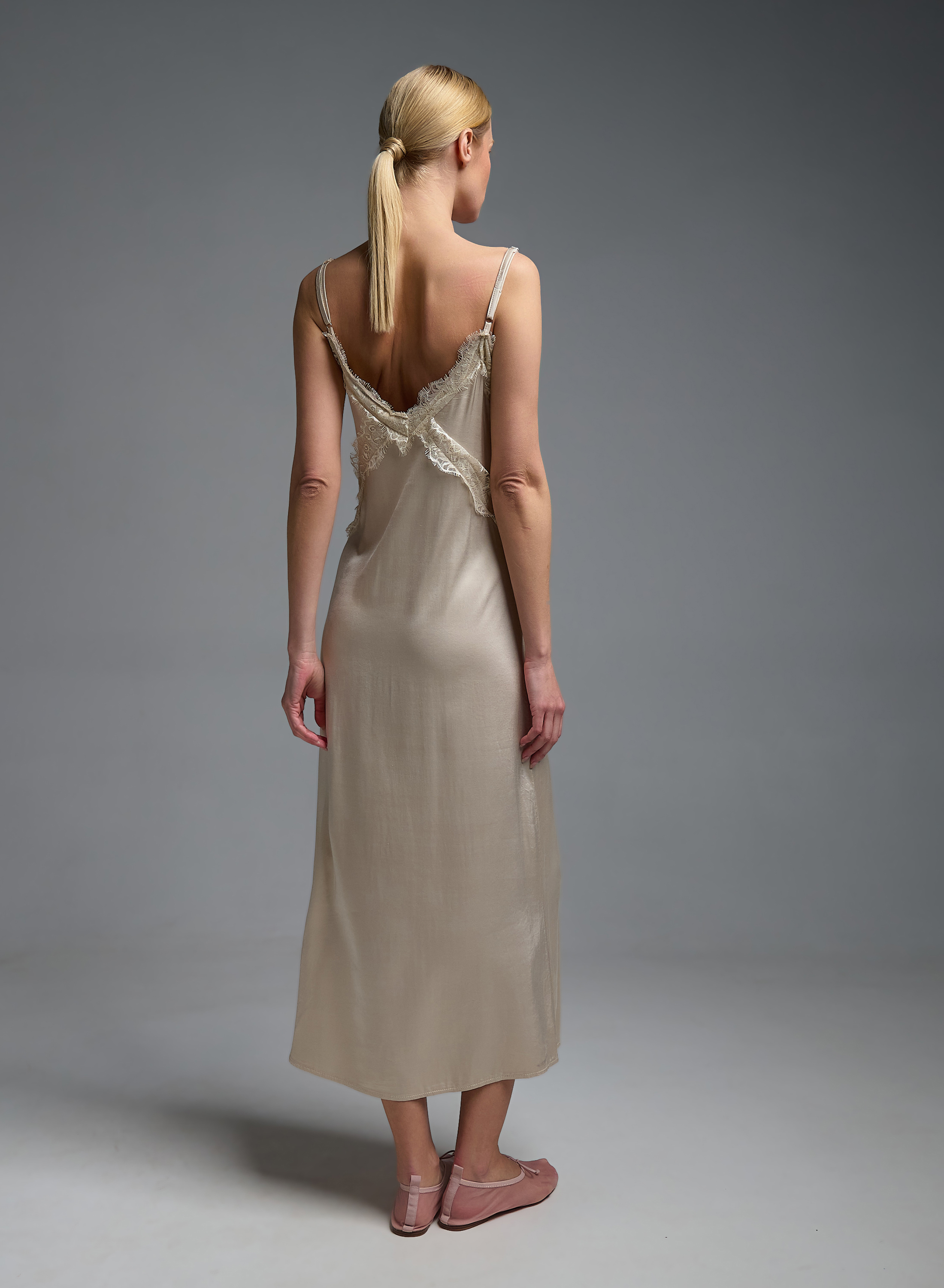 Ecru silky touch Dress with straps and with lace details Valentina Milano - 6