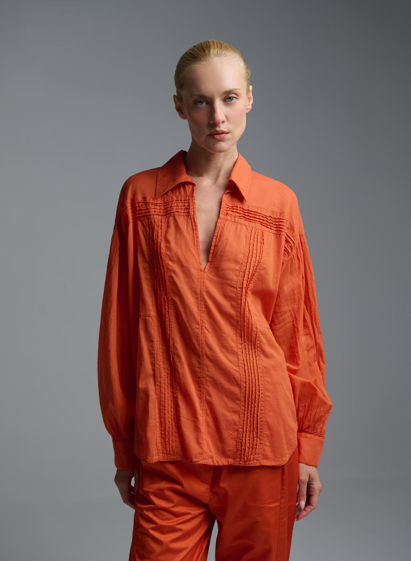Orange voile Blouse with V neckline and with collar "WHISPER" Devotion Twins - 3