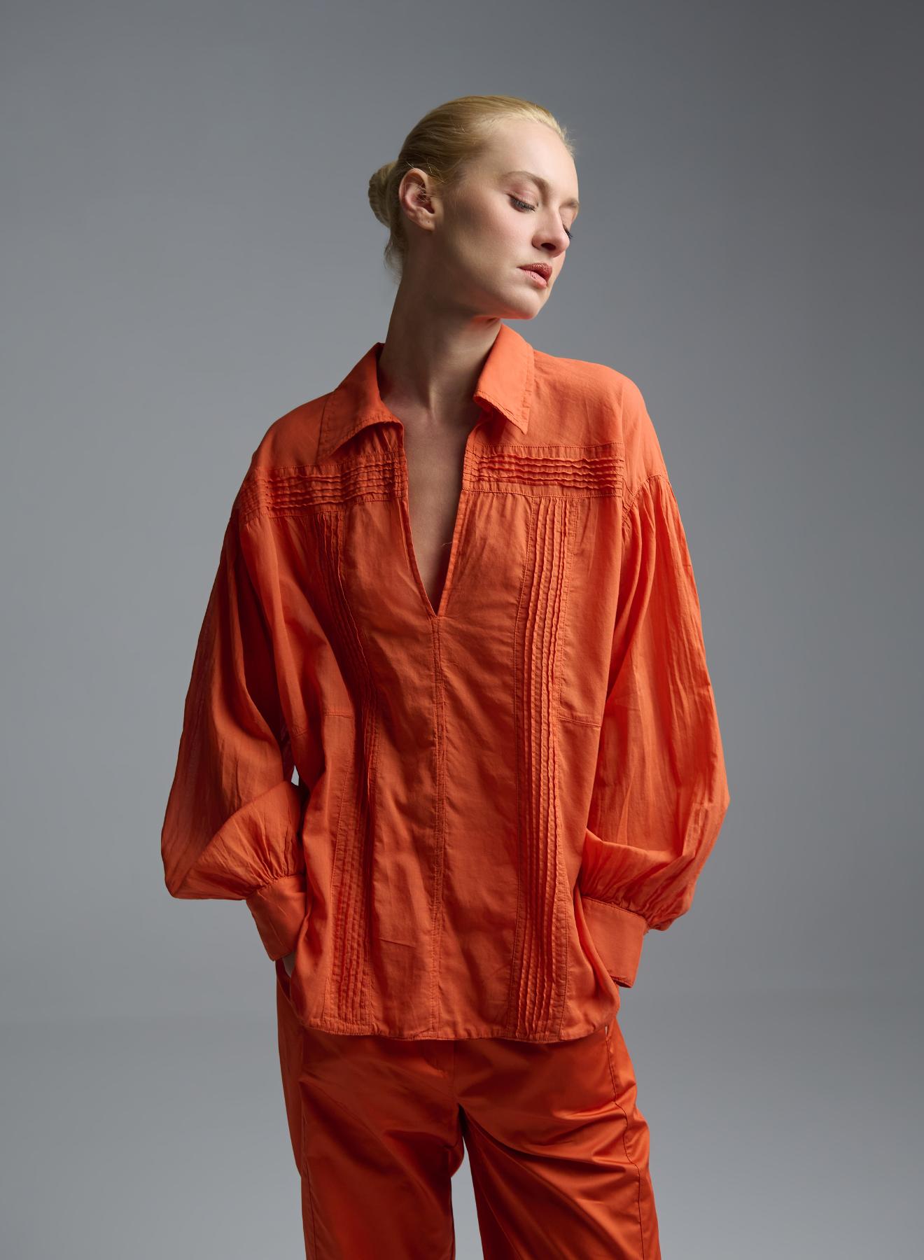 Orange voile Blouse with V neckline and with collar "WHISPER" Devotion Twins - 4