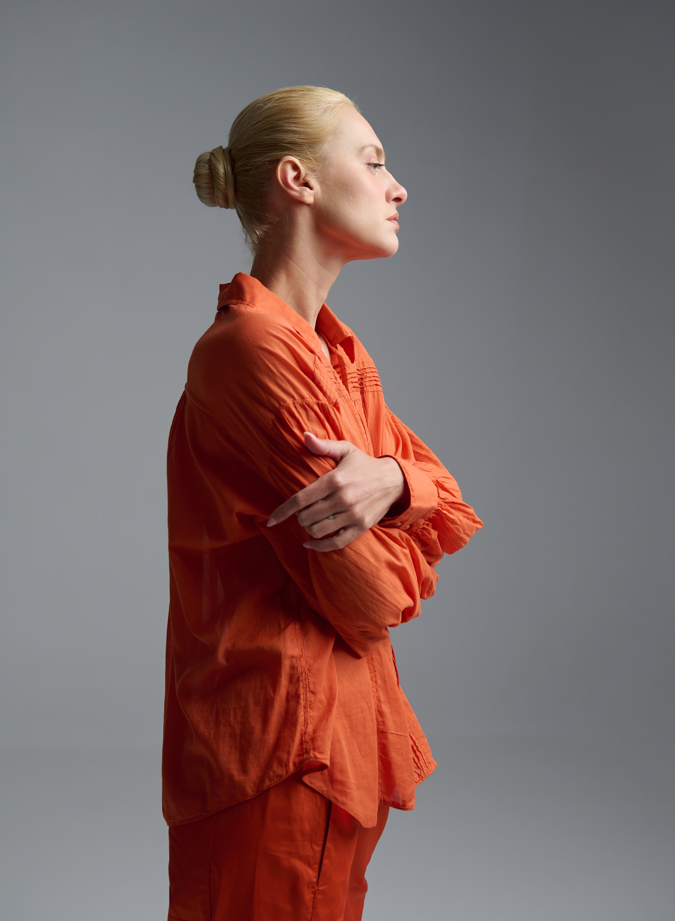 Orange voile Blouse with V neckline and with collar "WHISPER" Devotion Twins - 4