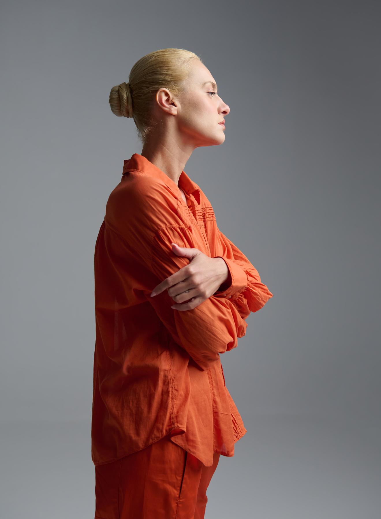 Orange voile Blouse with V neckline and with collar "WHISPER" Devotion Twins - 5