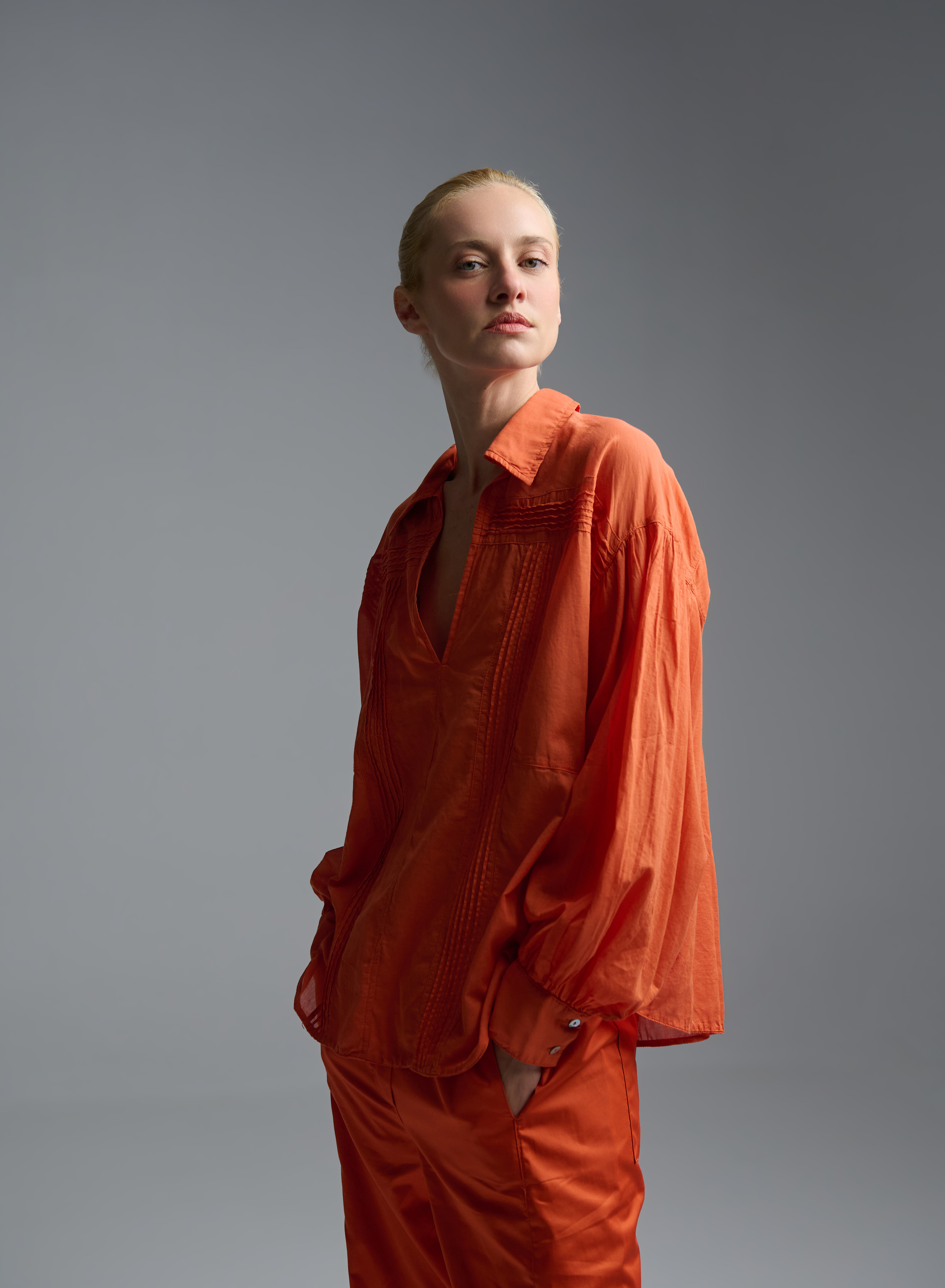 Orange voile Blouse with V neckline and with collar "WHISPER" Devotion Twins - 5