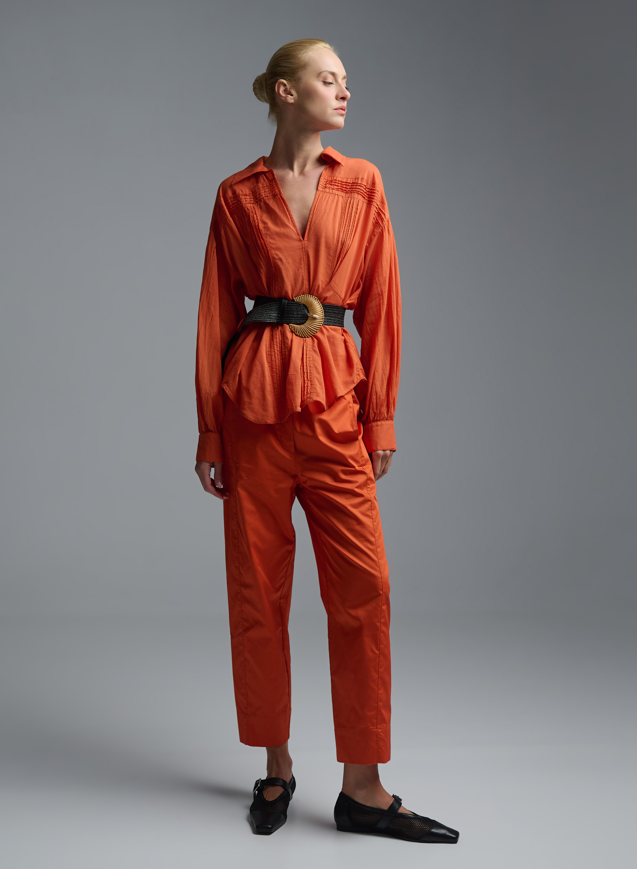 Orange voile Blouse with V neckline and with collar "WHISPER" Devotion Twins - 6