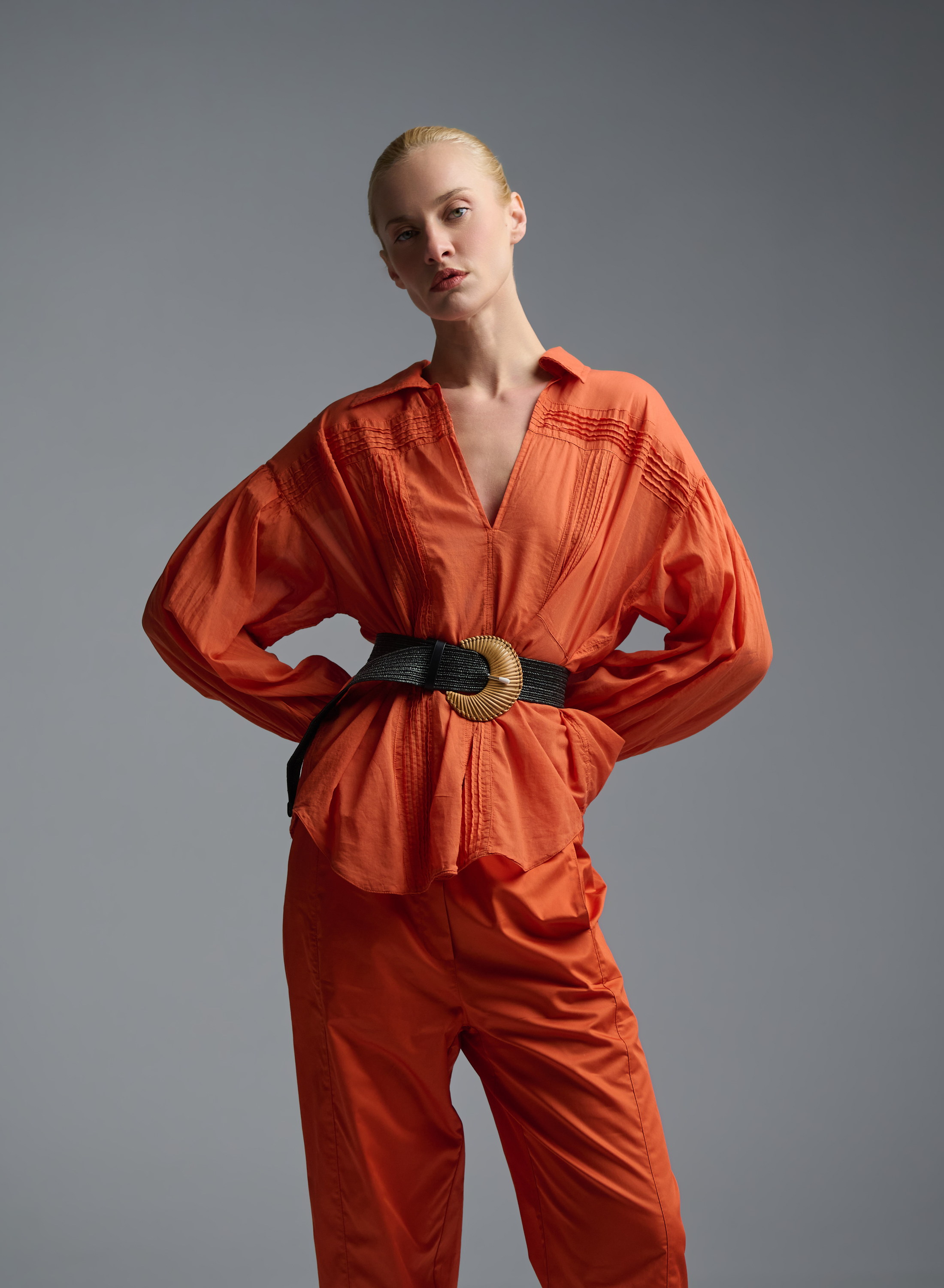 Orange voile Blouse with V neckline and with collar "WHISPER" Devotion Twins - 8
