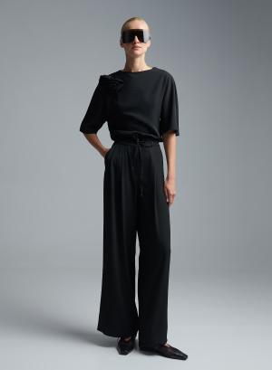 Μαύρο wide legs Παντελόνι με πιέτες και με κορδόνι στη μέση R.R. - 60215
