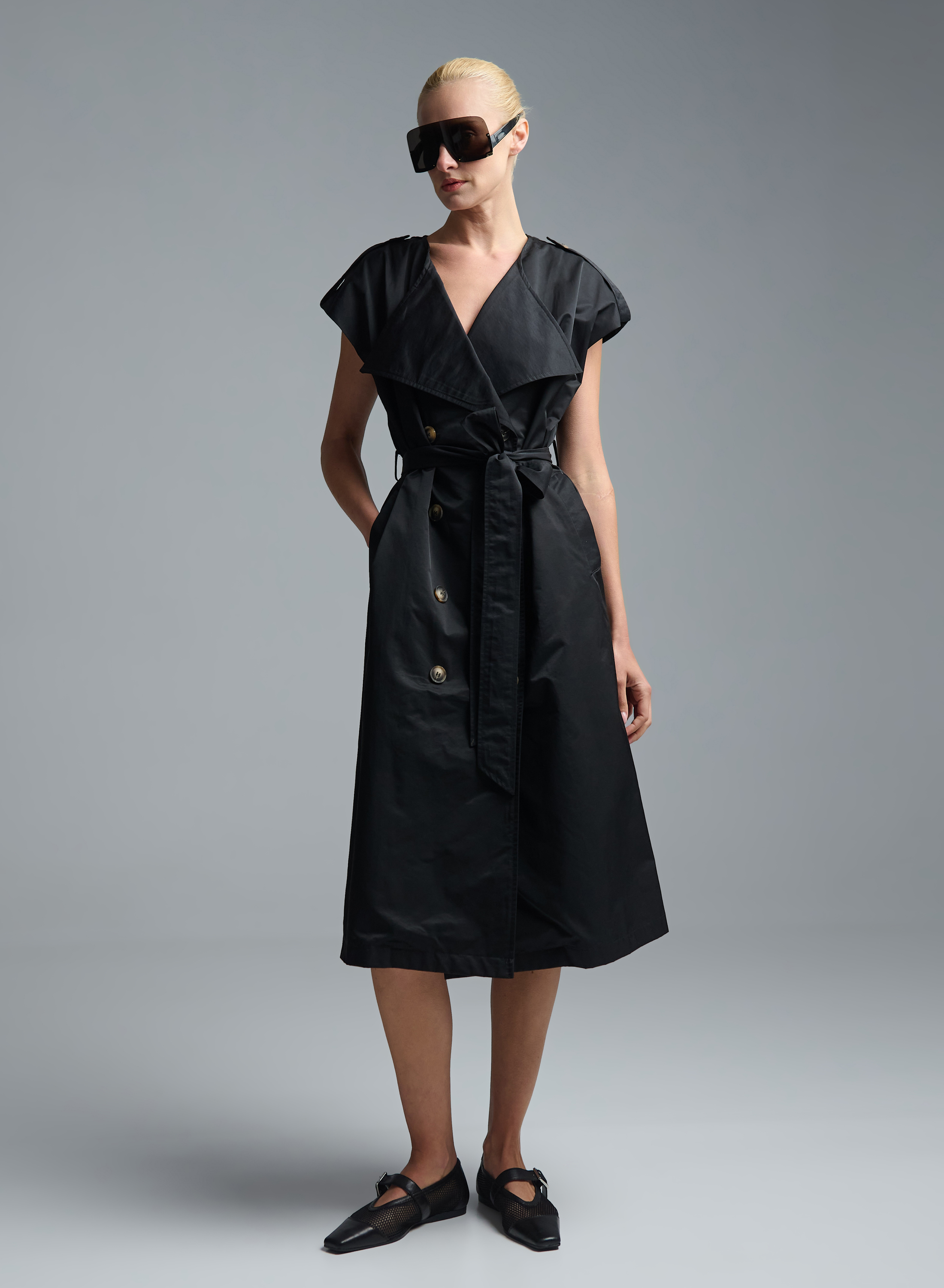 Black sleeveless double breasted Dress with belt C-Blue - 1
