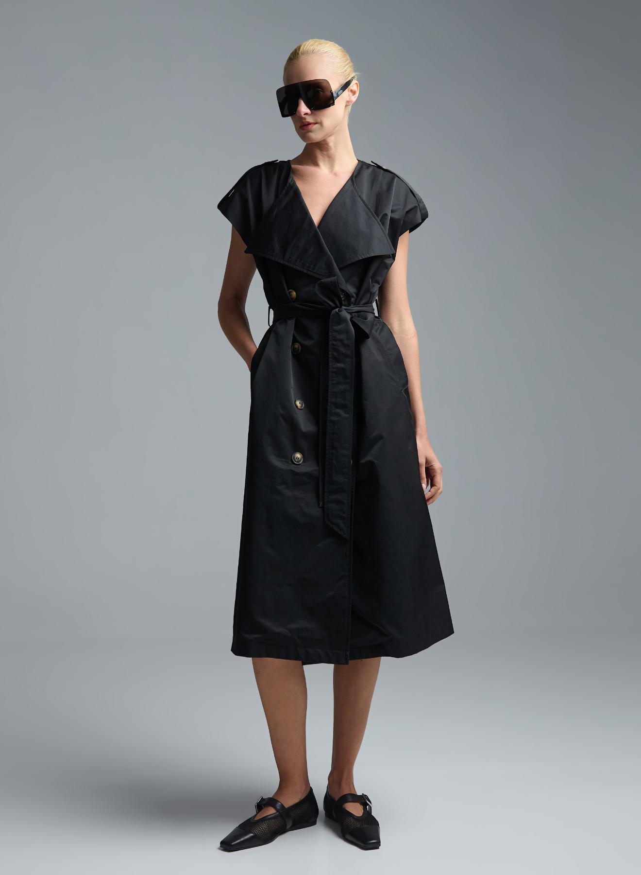 Black sleeveless double breasted Dress with belt C-Blue - 2
