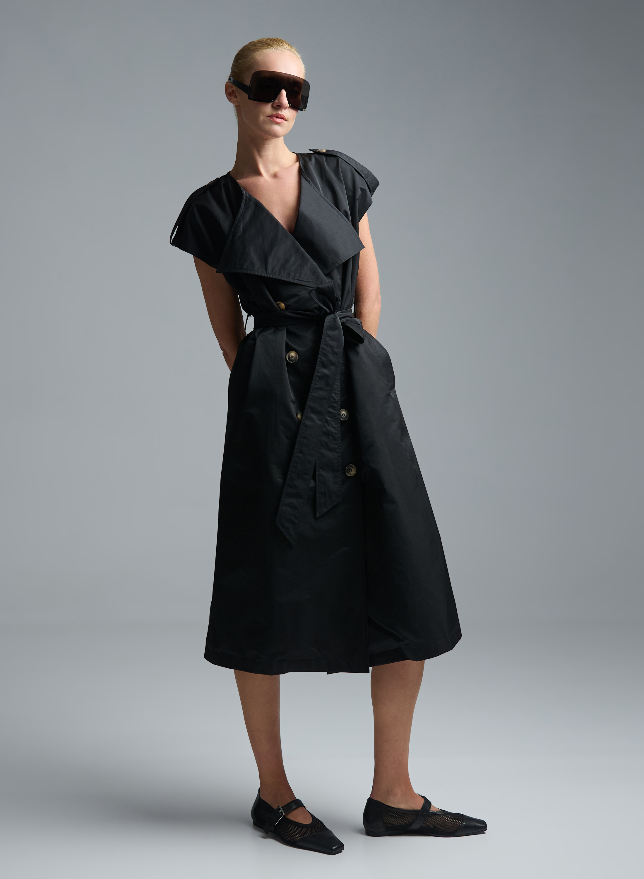 Black sleeveless double breasted Dress with belt C-Blue - 0