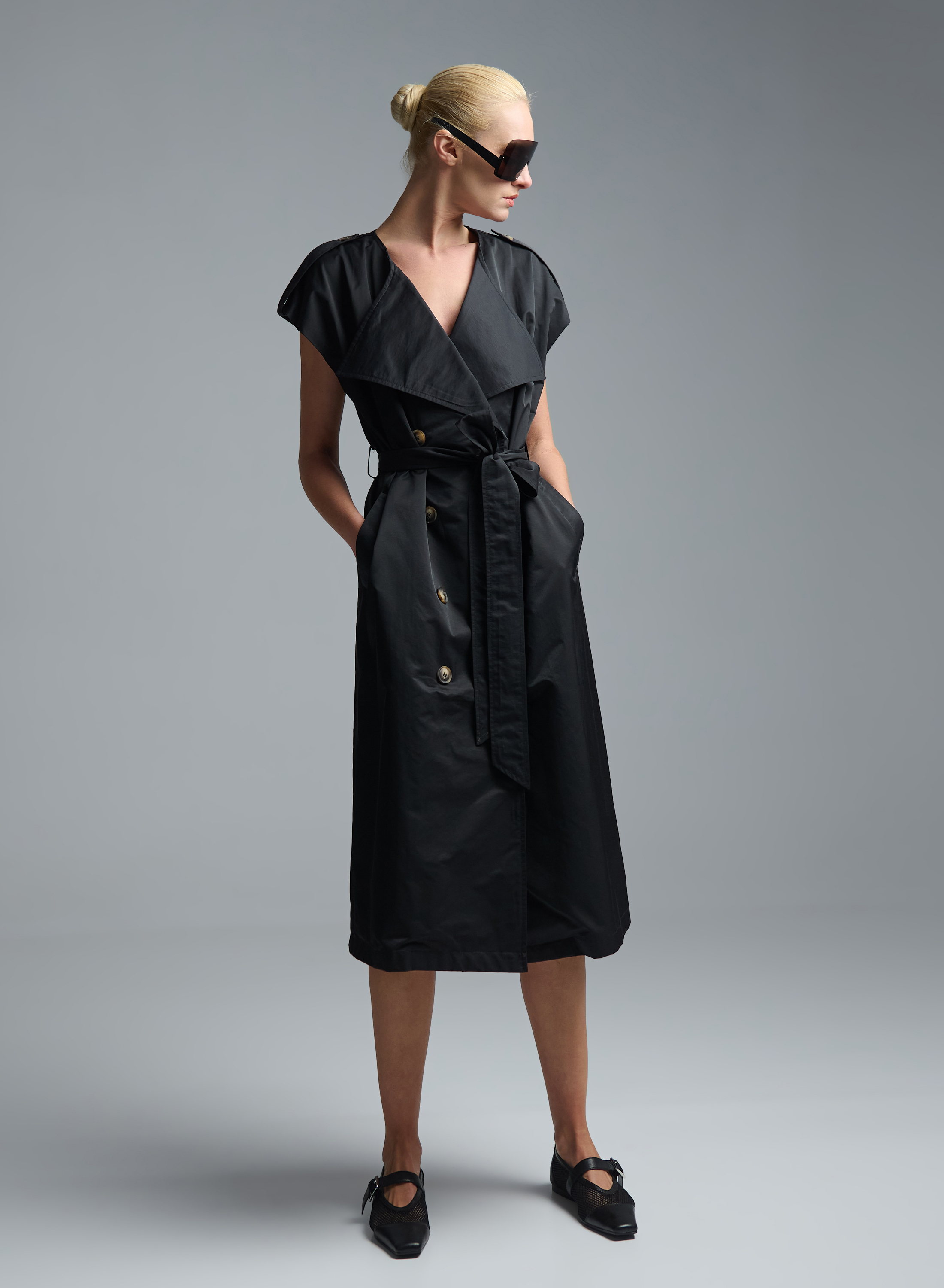 Black sleeveless double breasted Dress with belt C-Blue - 2
