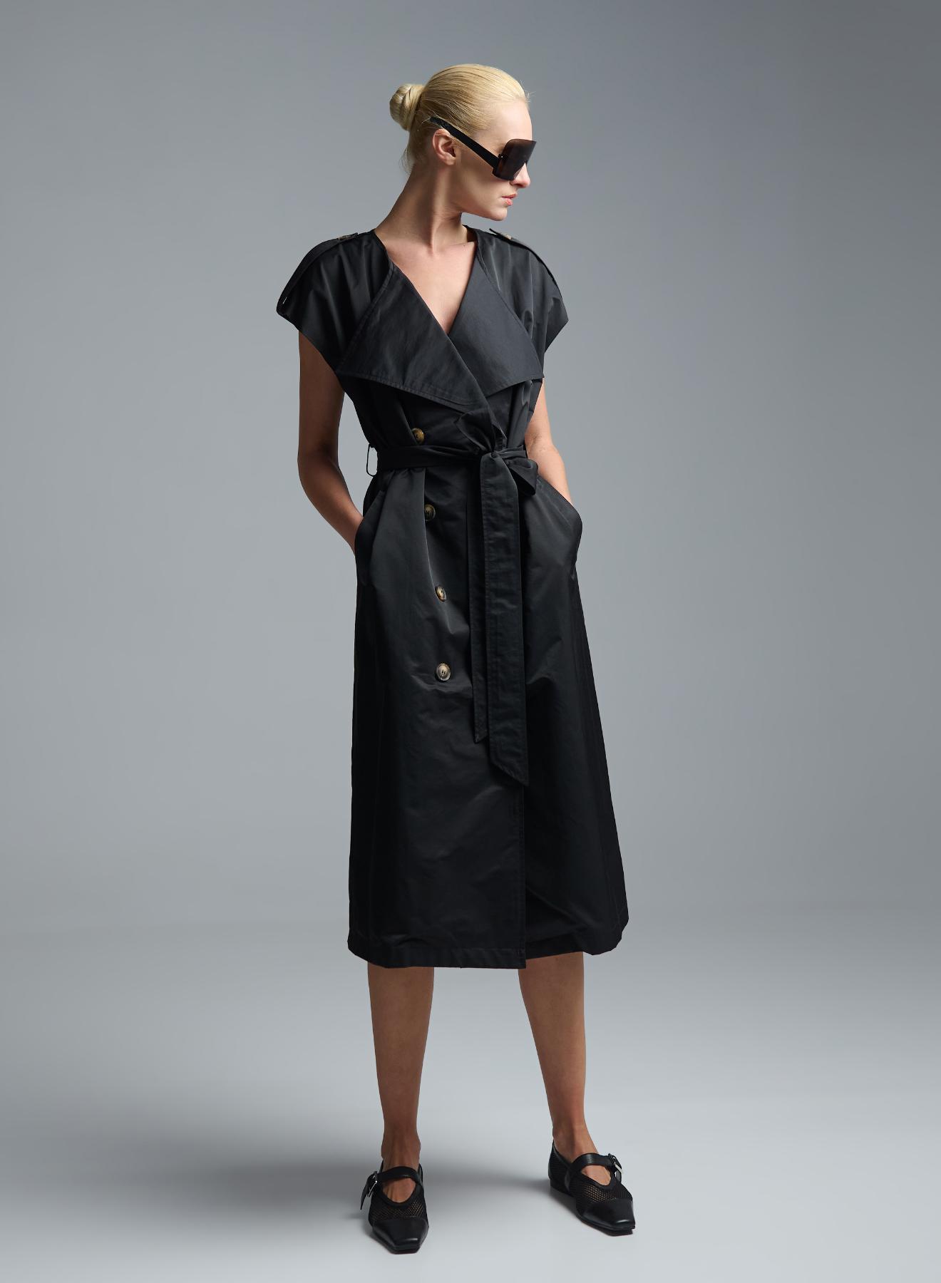 Black sleeveless double breasted Dress with belt C-Blue - 3