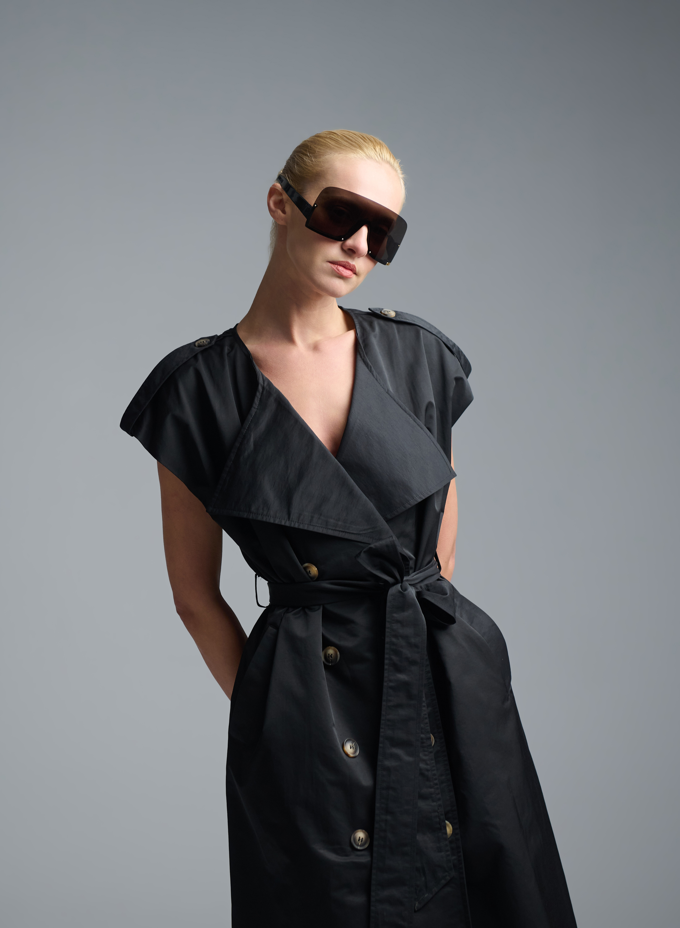 Black sleeveless double breasted Dress with belt C-Blue - 3