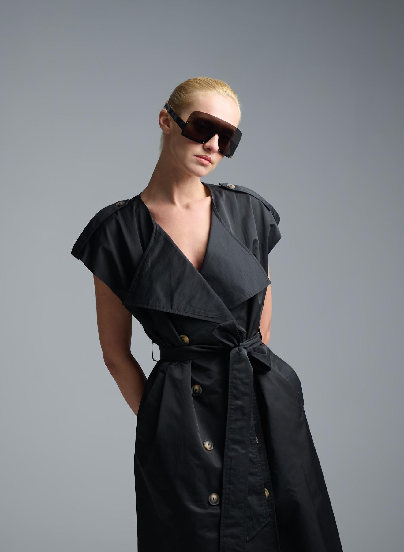 Black sleeveless double breasted Dress with belt C-Blue - 4