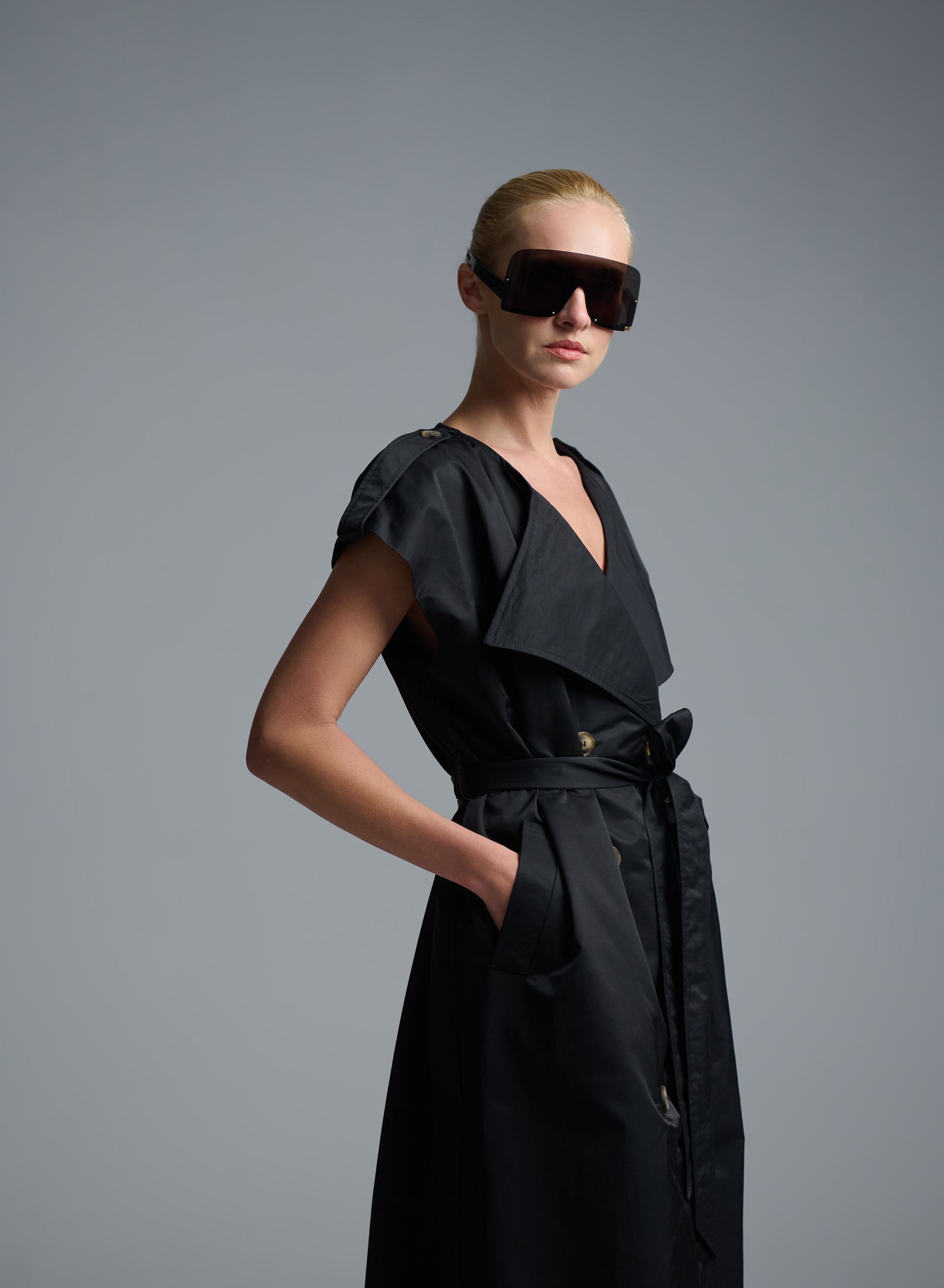Black sleeveless double breasted Dress with belt C-Blue - 5