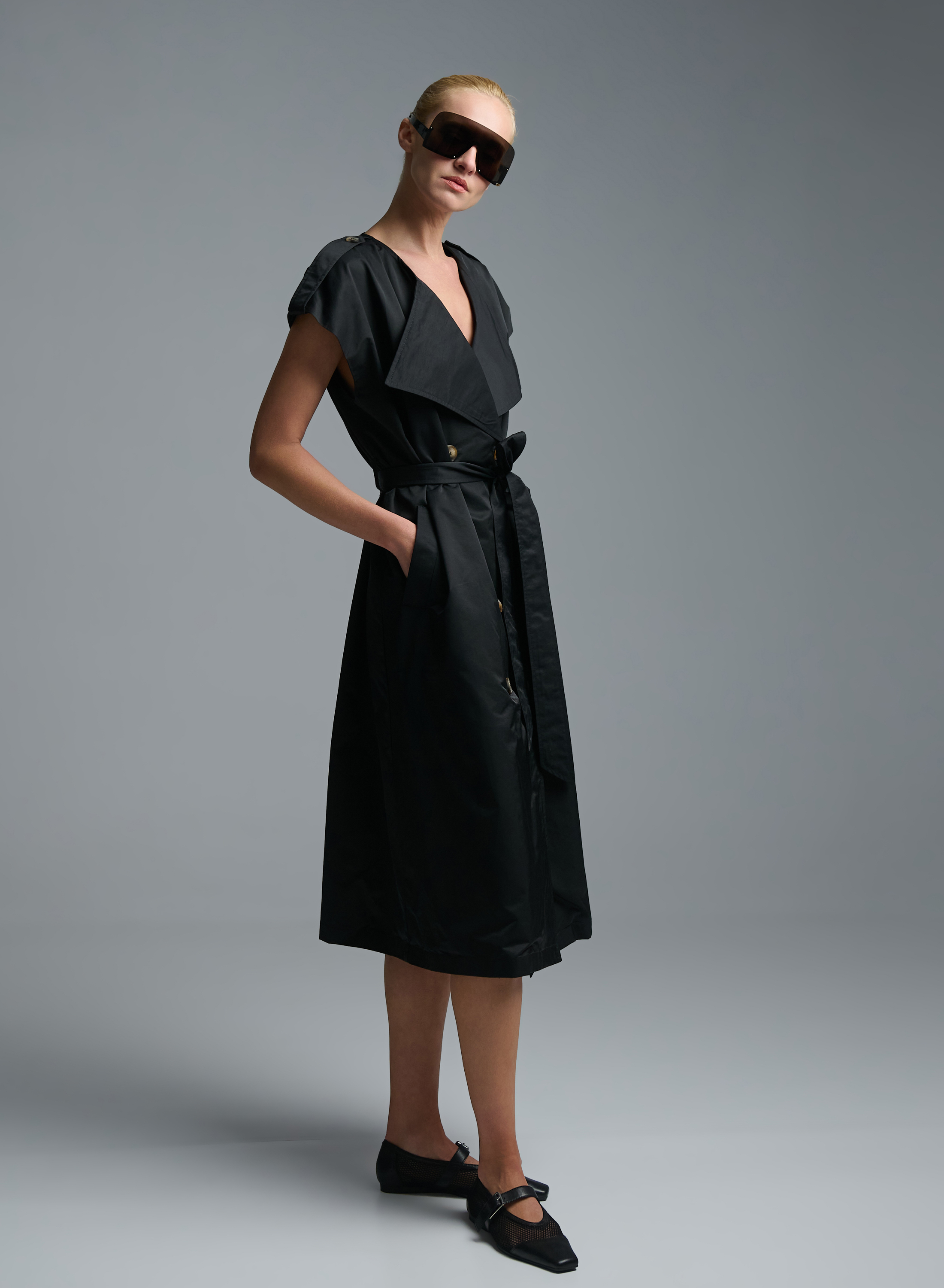 Black sleeveless double breasted Dress with belt C-Blue - 6