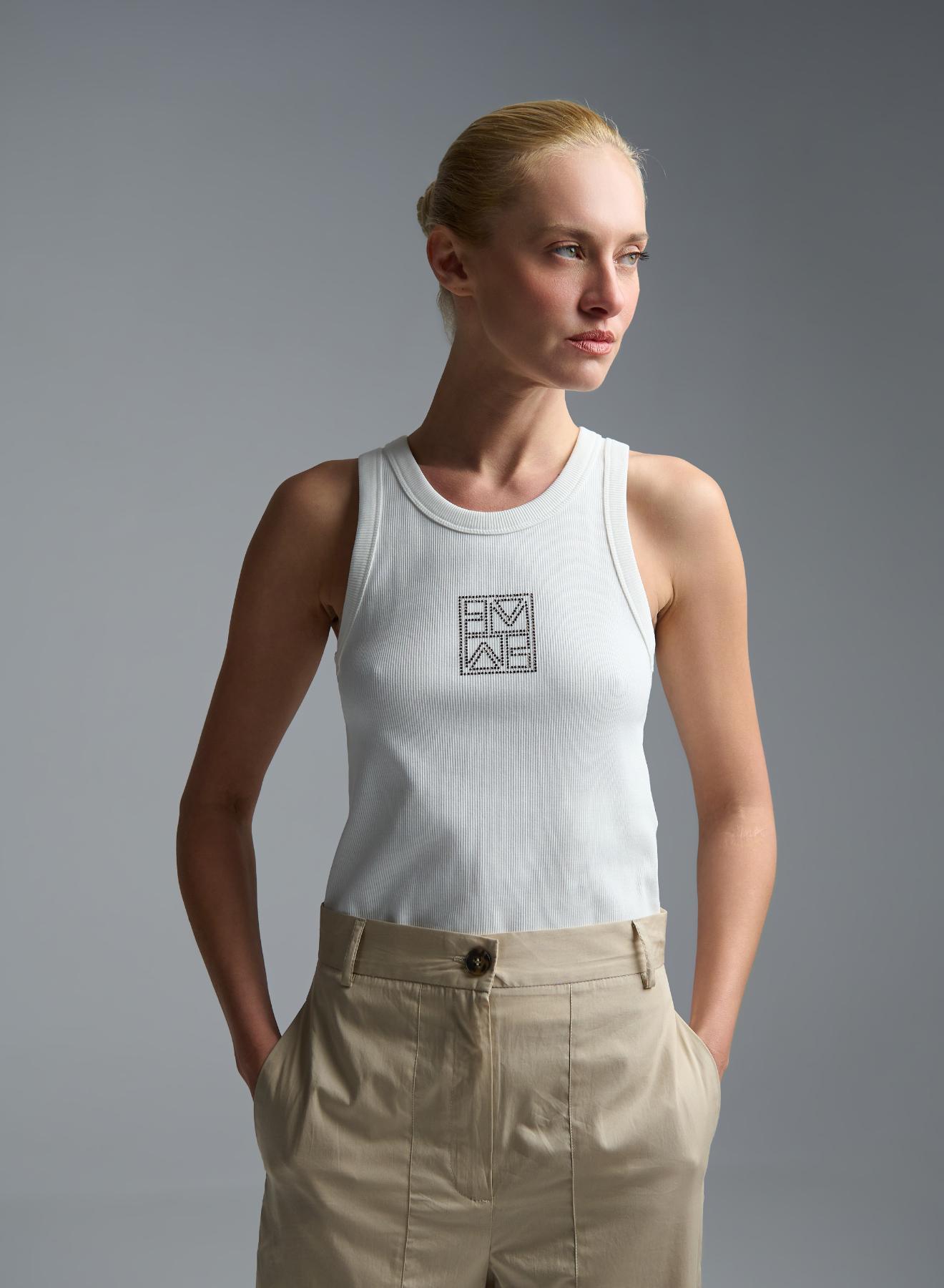 Λευκό tank Top με σοκολά κρυστάλλινο logo Emme Marella - 3