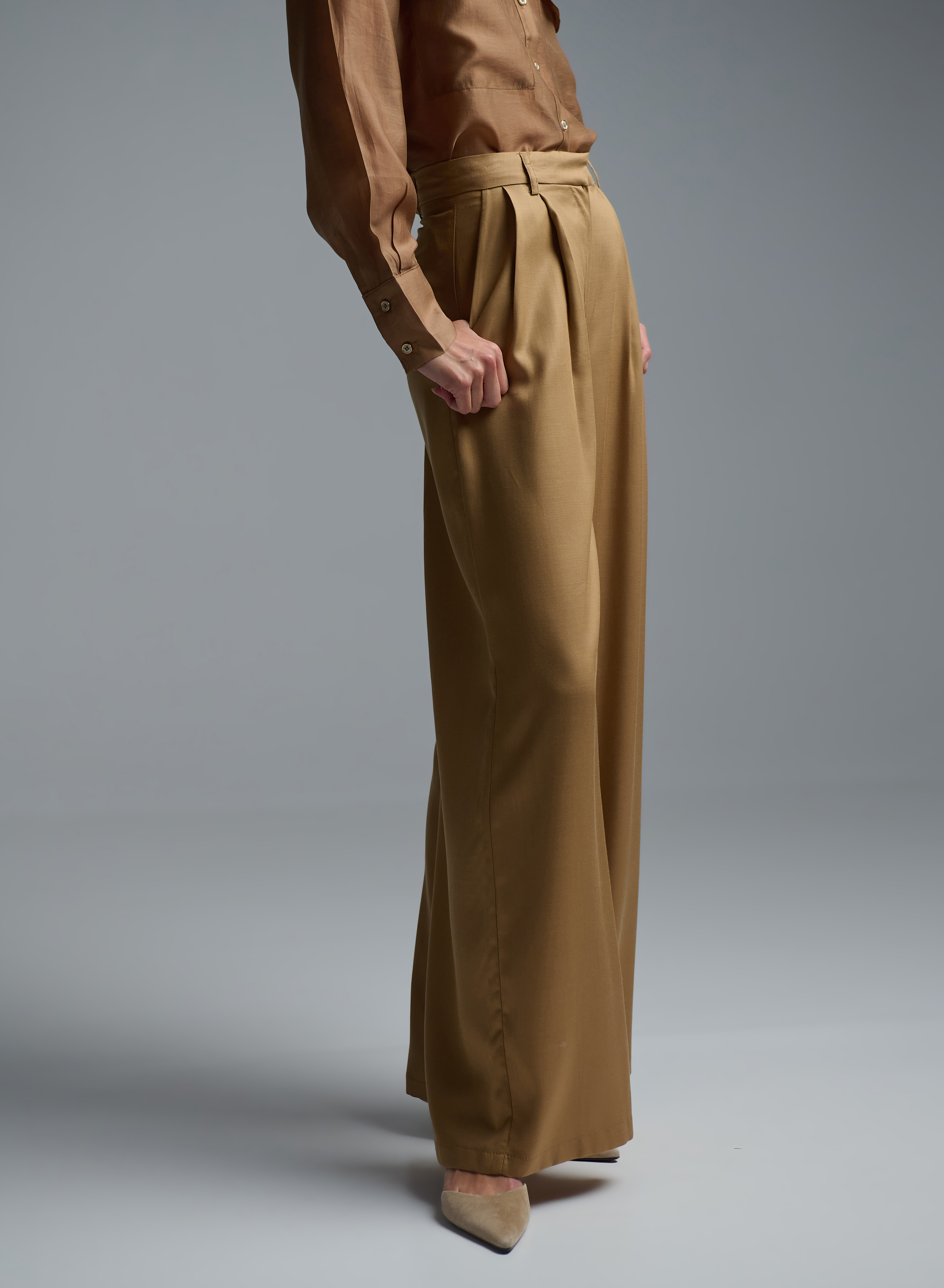 Κάμελ wide legs Παντελόνι με πιέτες Eco - 4