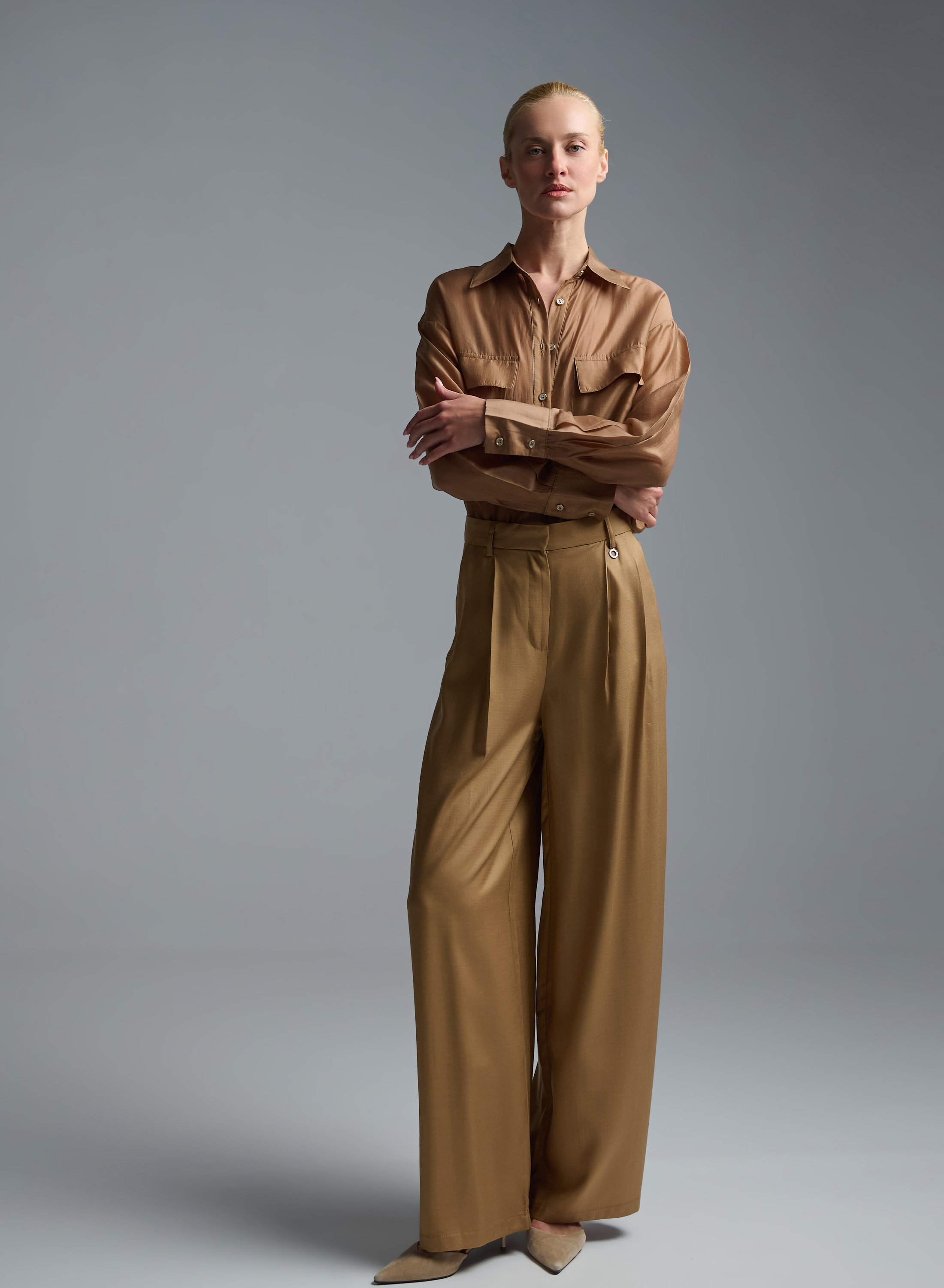 Κάμελ wide legs Παντελόνι με πιέτες Eco - 5